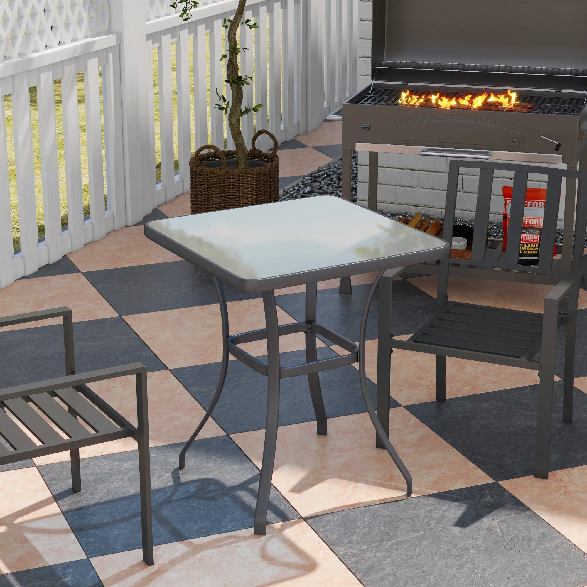 Garden Table Square Glass Weatherproof Black