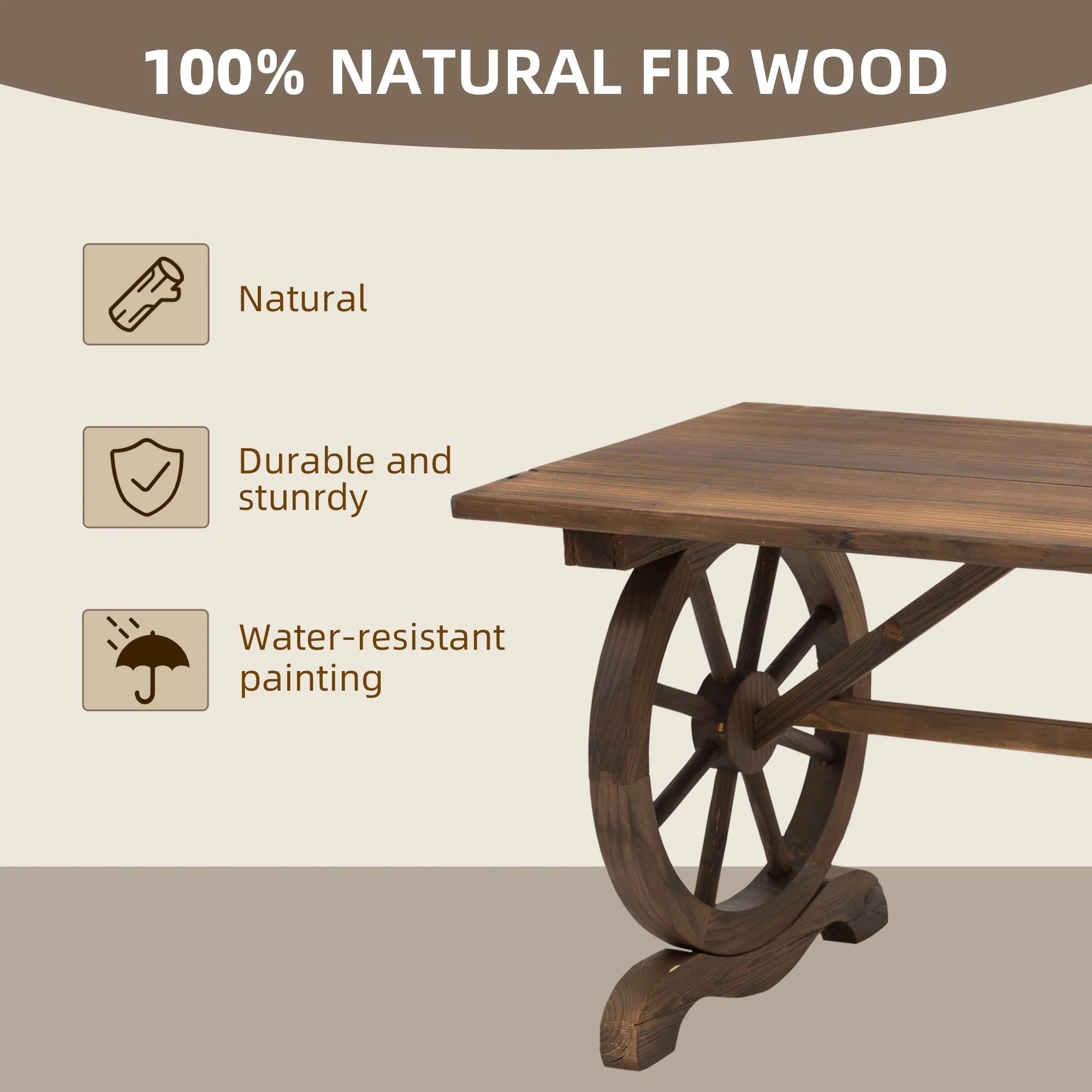 Garden Table, Wheeled Design Weather-Resistant 113 x 60 x 65 cm, Solid Wood Natural Finish - Image 4