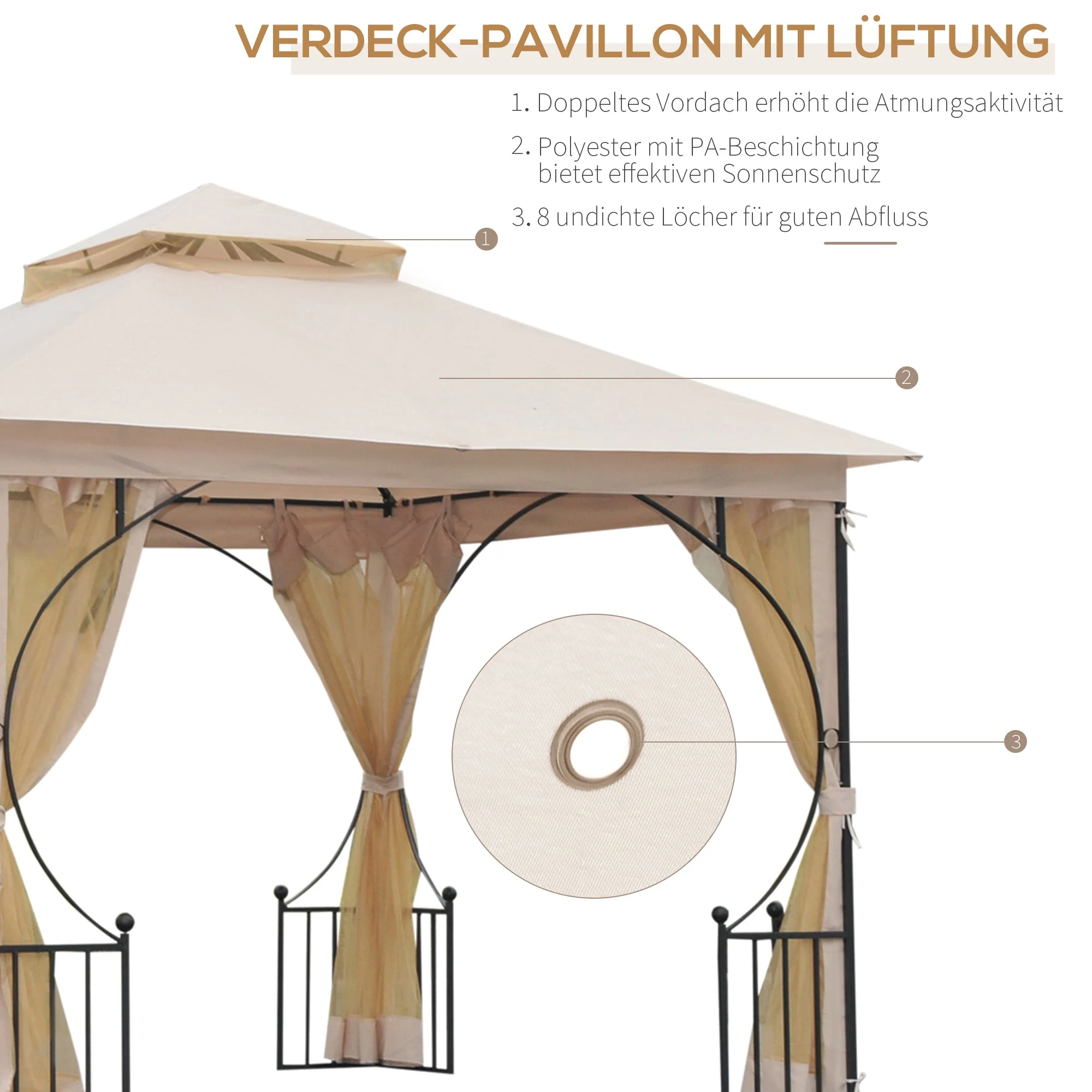 Garden Tent Double Roof Mosquito Net 295x295x275cm Polyester Beige/Black - Image 4
