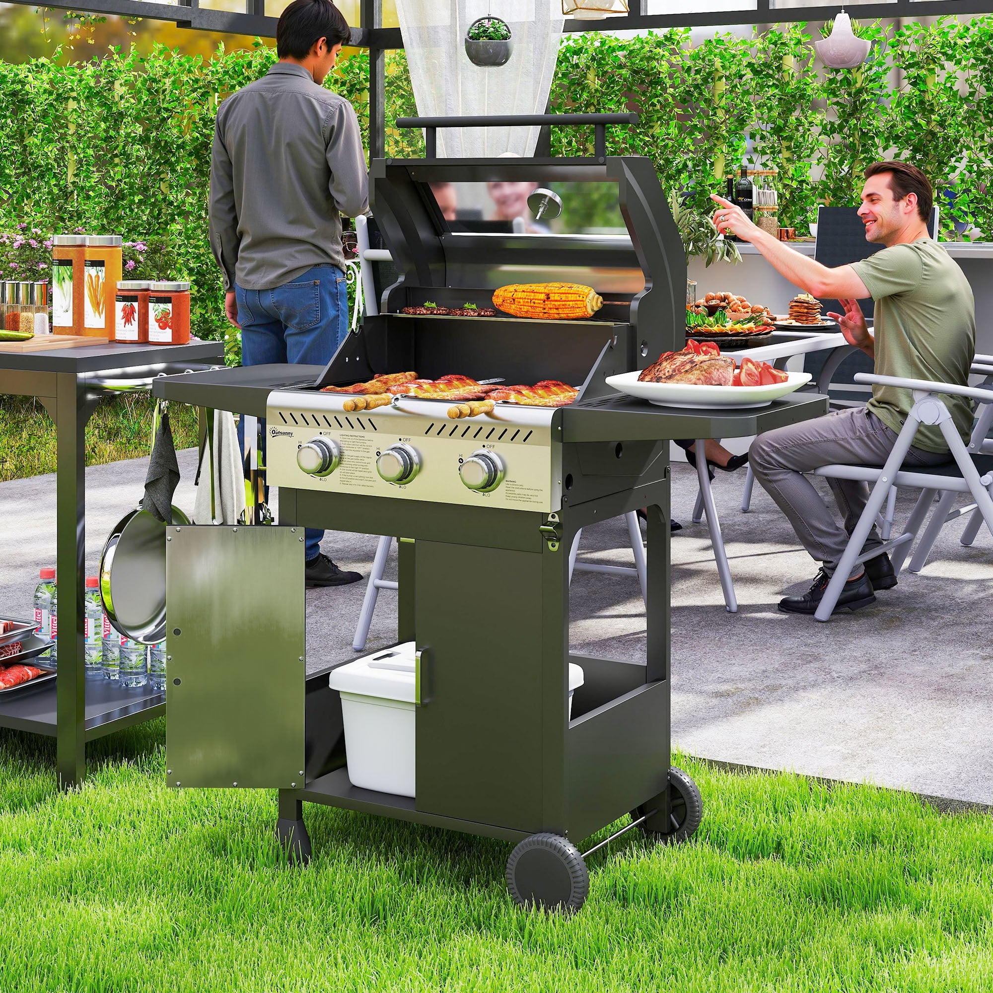 Gas BBQ Grill 7.5kW Three-Burner See-Through Lid Black