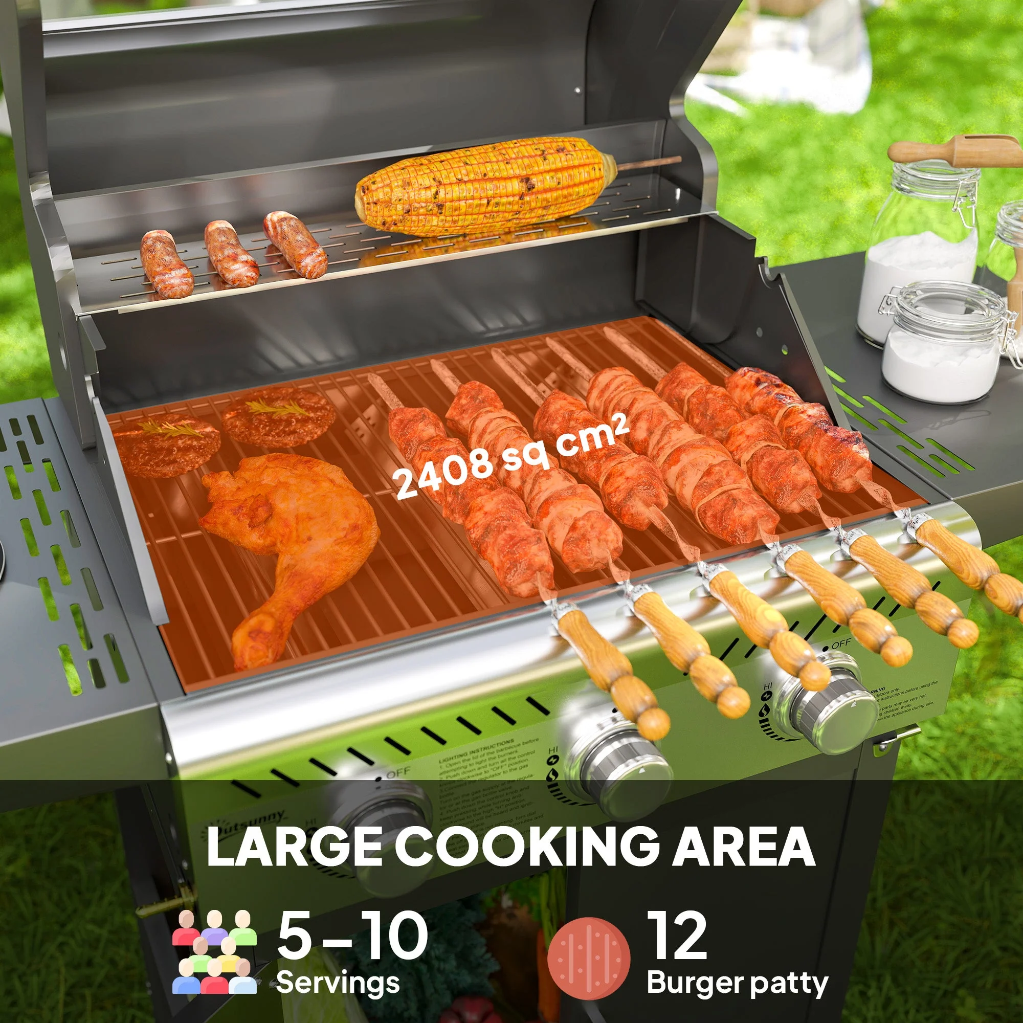 Gas BBQ Grill 7.5kW Three-Burner See-Through Lid Black - Image 4