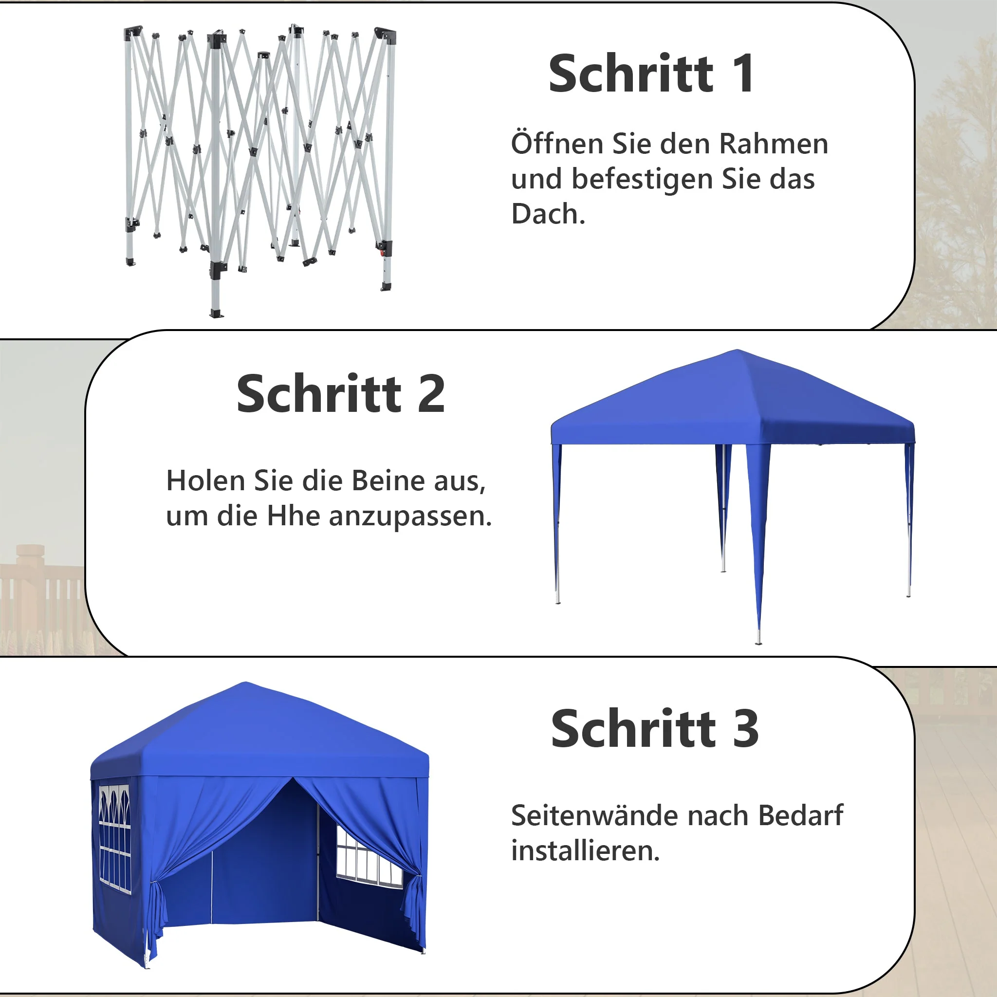 Gazebo 3x3m, 4 Side Walls, 3-Way Height Adjustable, Folding, Blue - Image 3