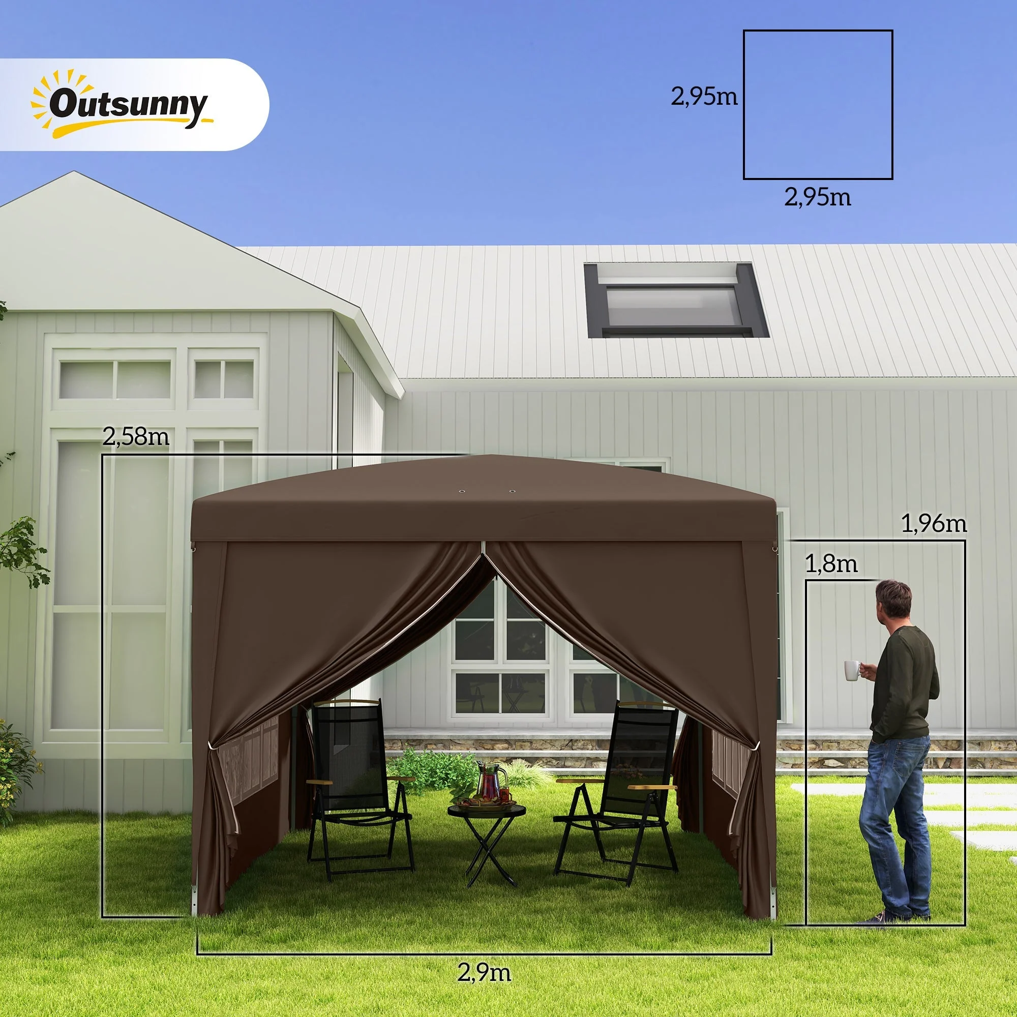 Gazebo 3x3m, Water-Repellent Stable Pop-Up with 4 Side Panels, Coffee - Image 3