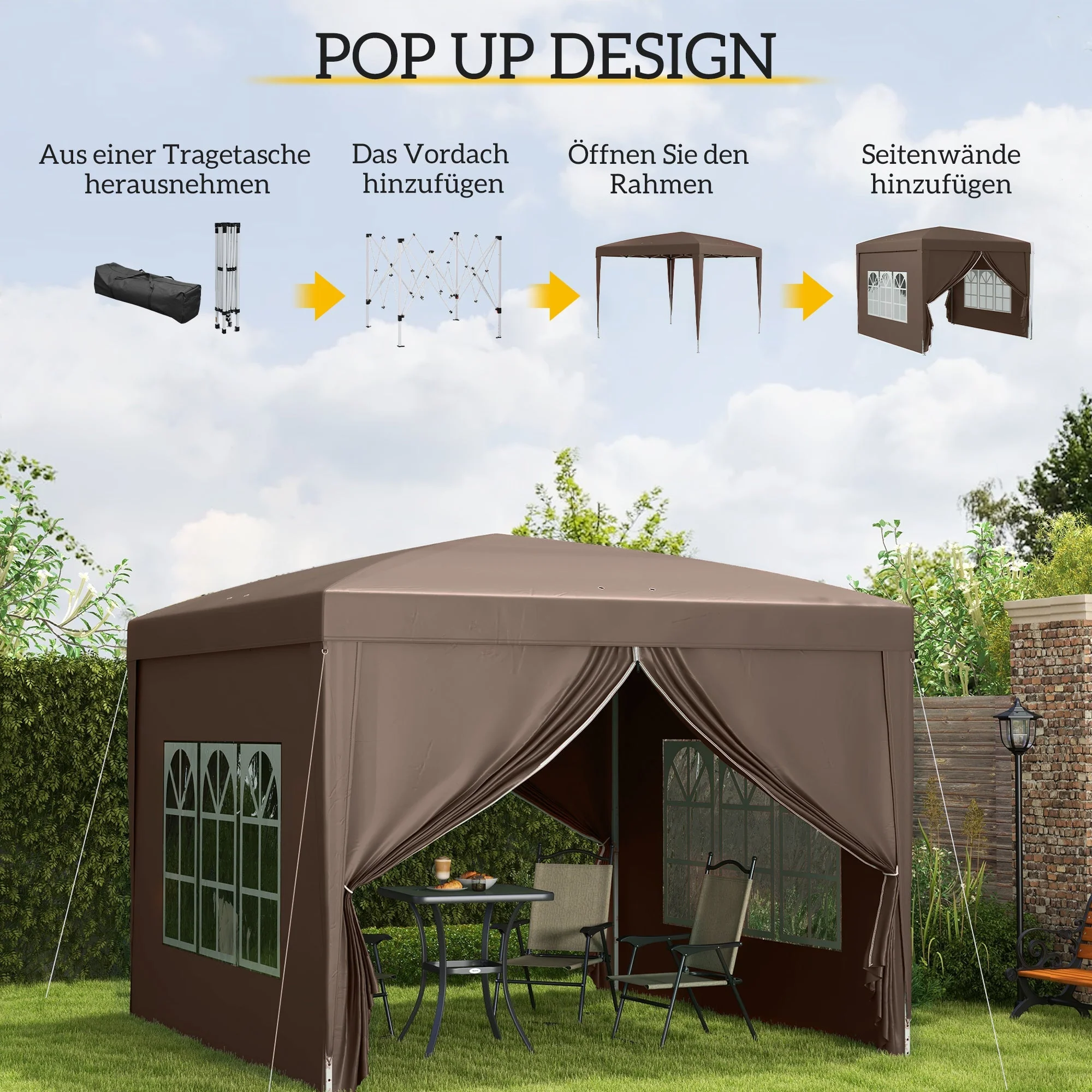 Gazebo 3x3m, Water-Repellent Stable Pop-Up with 4 Side Panels, Coffee - Image 4