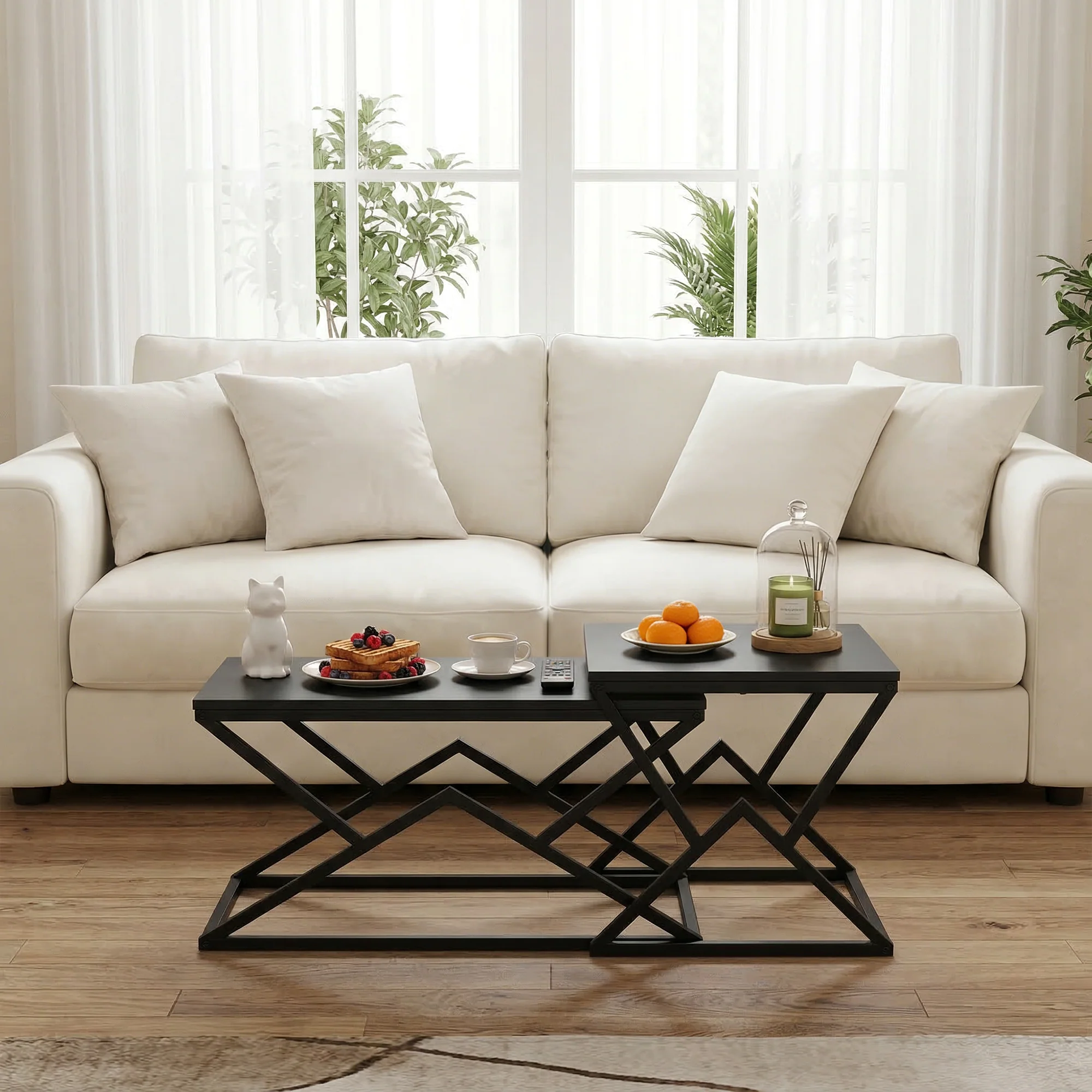 Geometric Coffee Table, Industrial Side Table with Metal Frame, Black Wood Top - Image 4