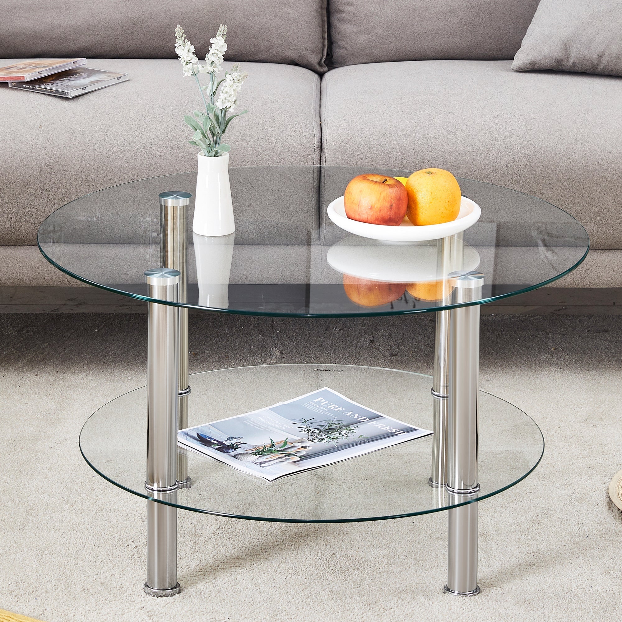 Glass Coffee Table Two-Tiered Silver Metal Legs - Silver - Image 3