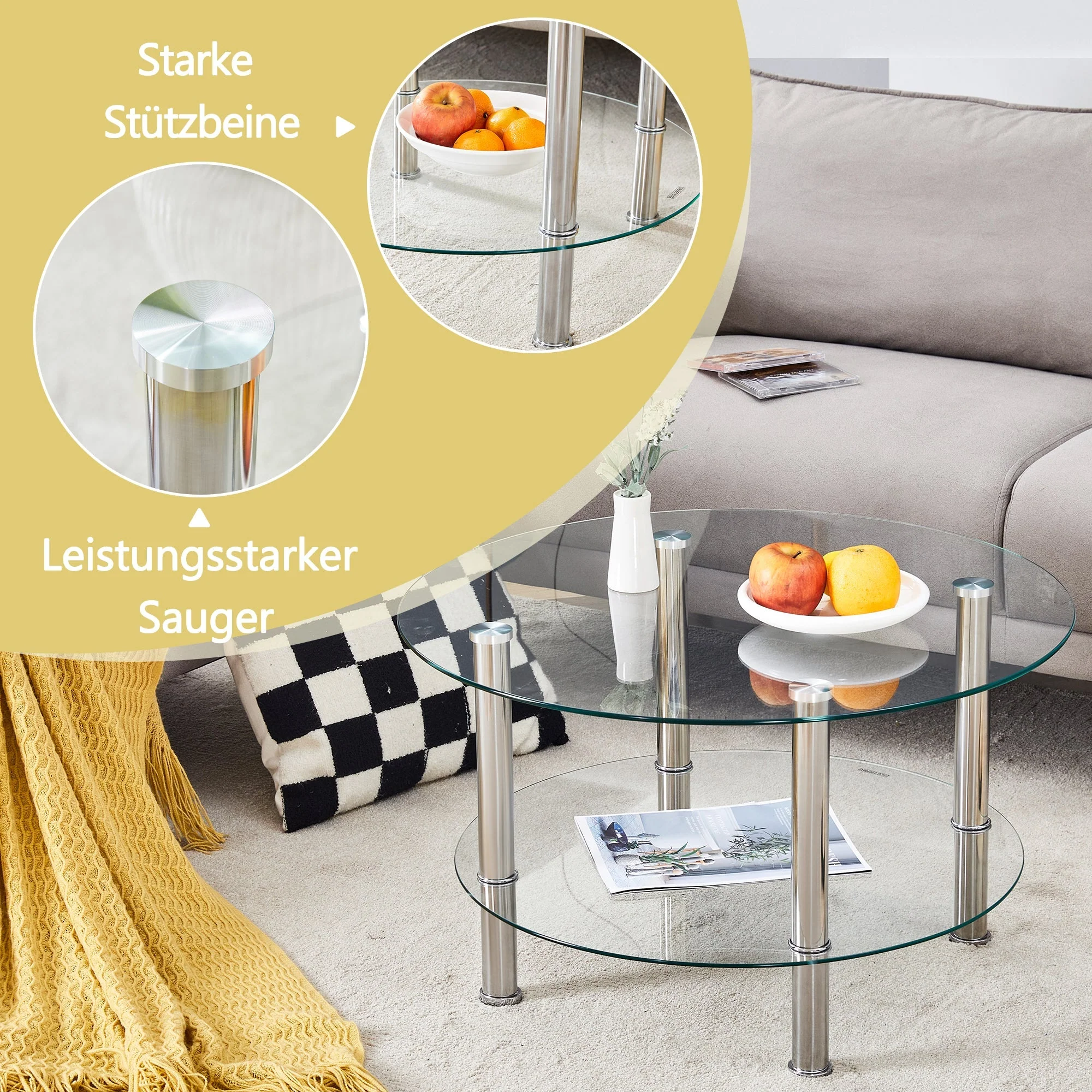 Glass Coffee Table Two-Tiered Silver Metal Legs - Silver - Image 7
