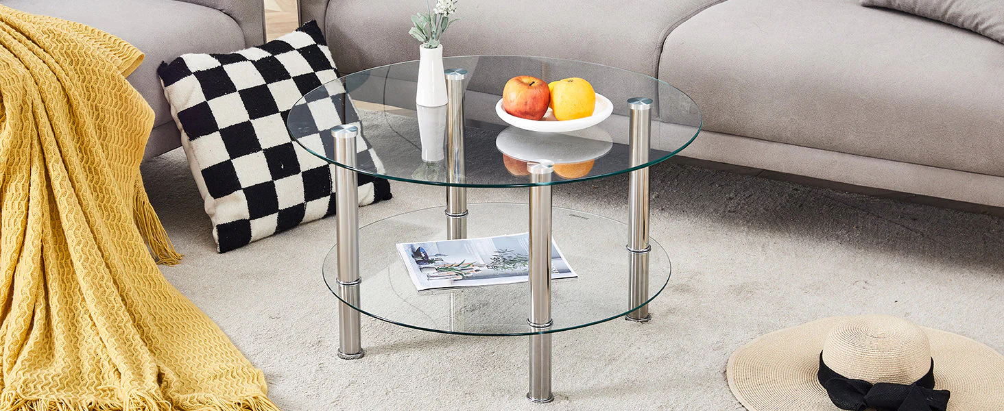 Glass Coffee Table Two-Tiered Silver Metal Legs - Silver - Image 9