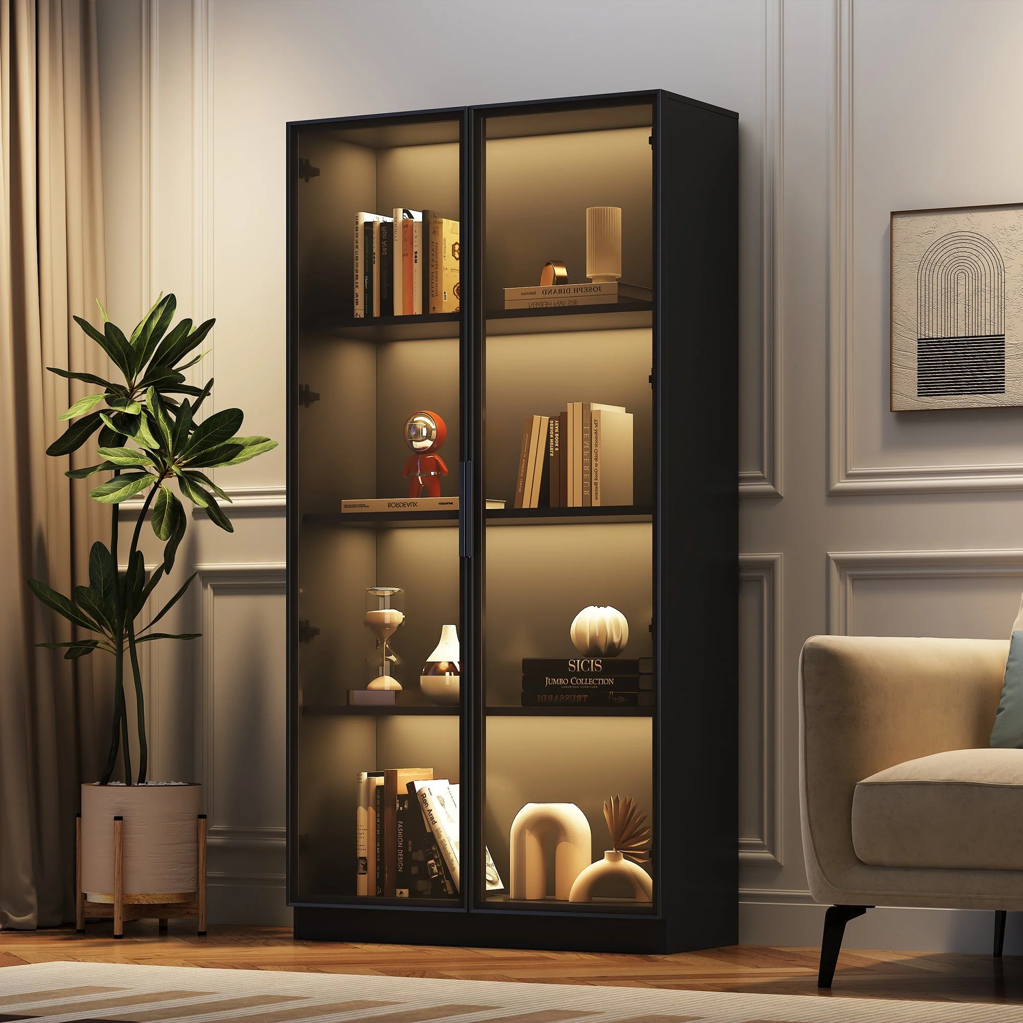 Glass Display Cabinet, Double-Door Adjustable Shelves 80x40x160cm, App-Controlled LED Lighting - Image 2
