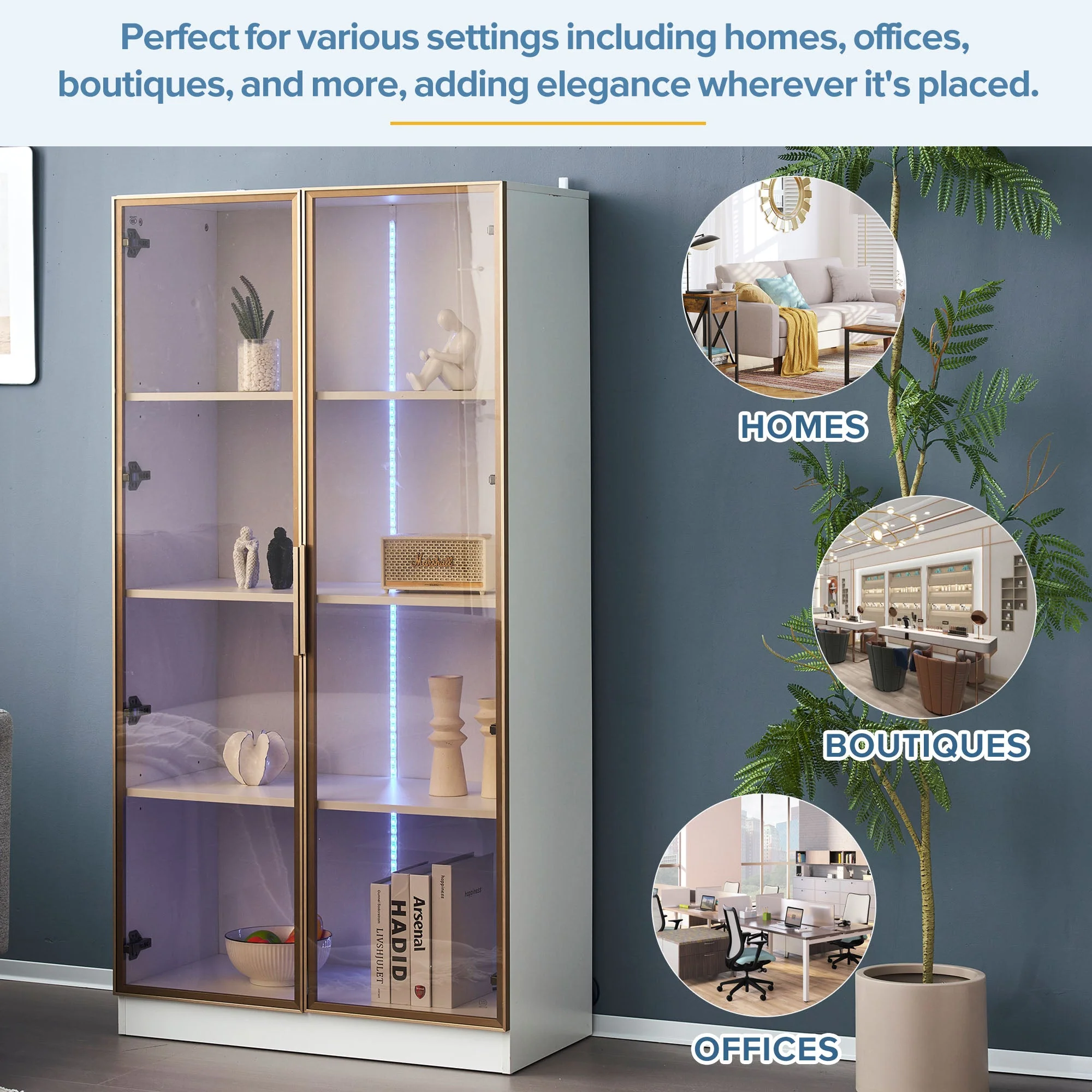 Glass Display Cabinet, Set of 2 with LED Lighting & Movable Shelves, White - Image 7