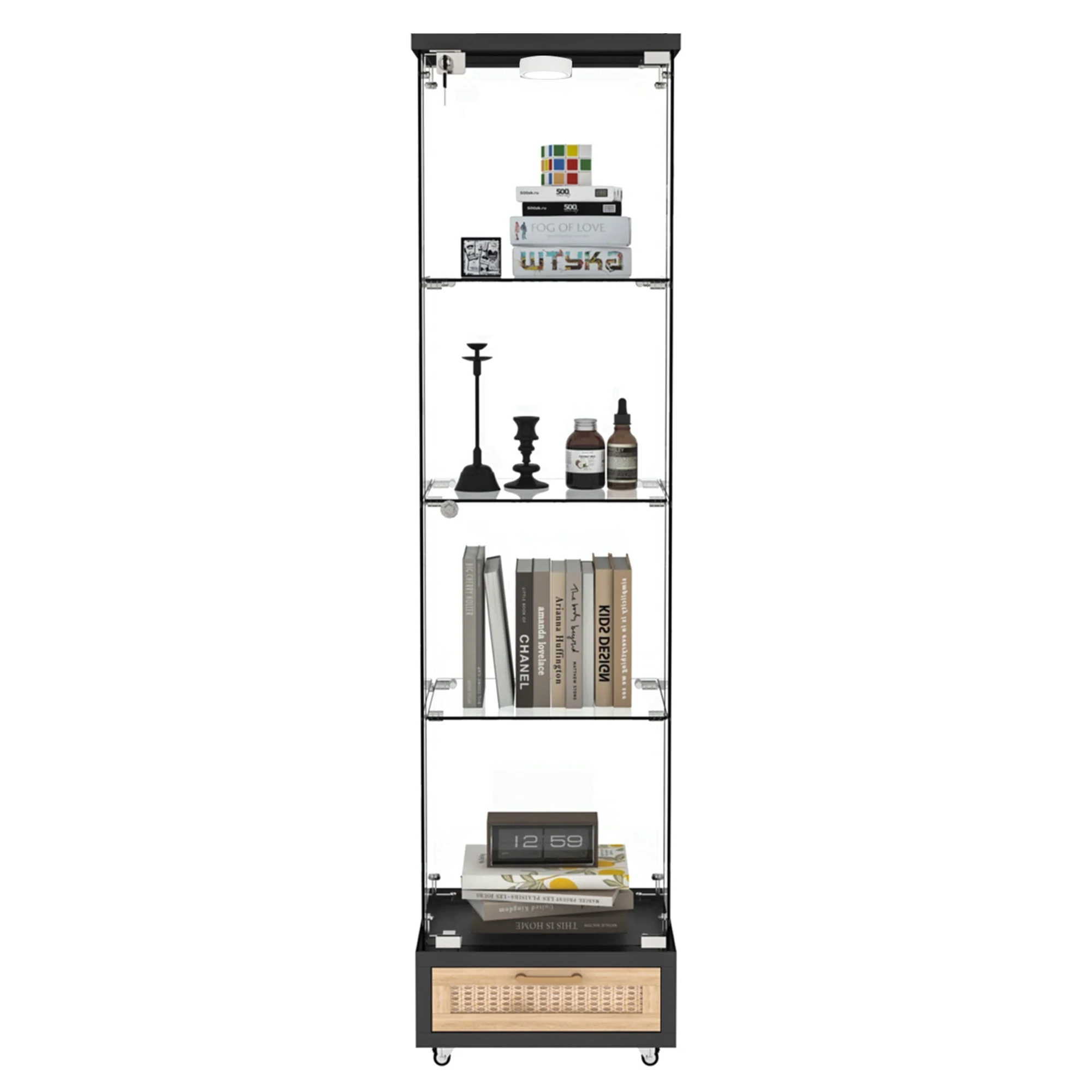 Glass Display Cabinet with LED Lighting, Drawers & Tempered Glass Shelves, H167cm Black - Image 3