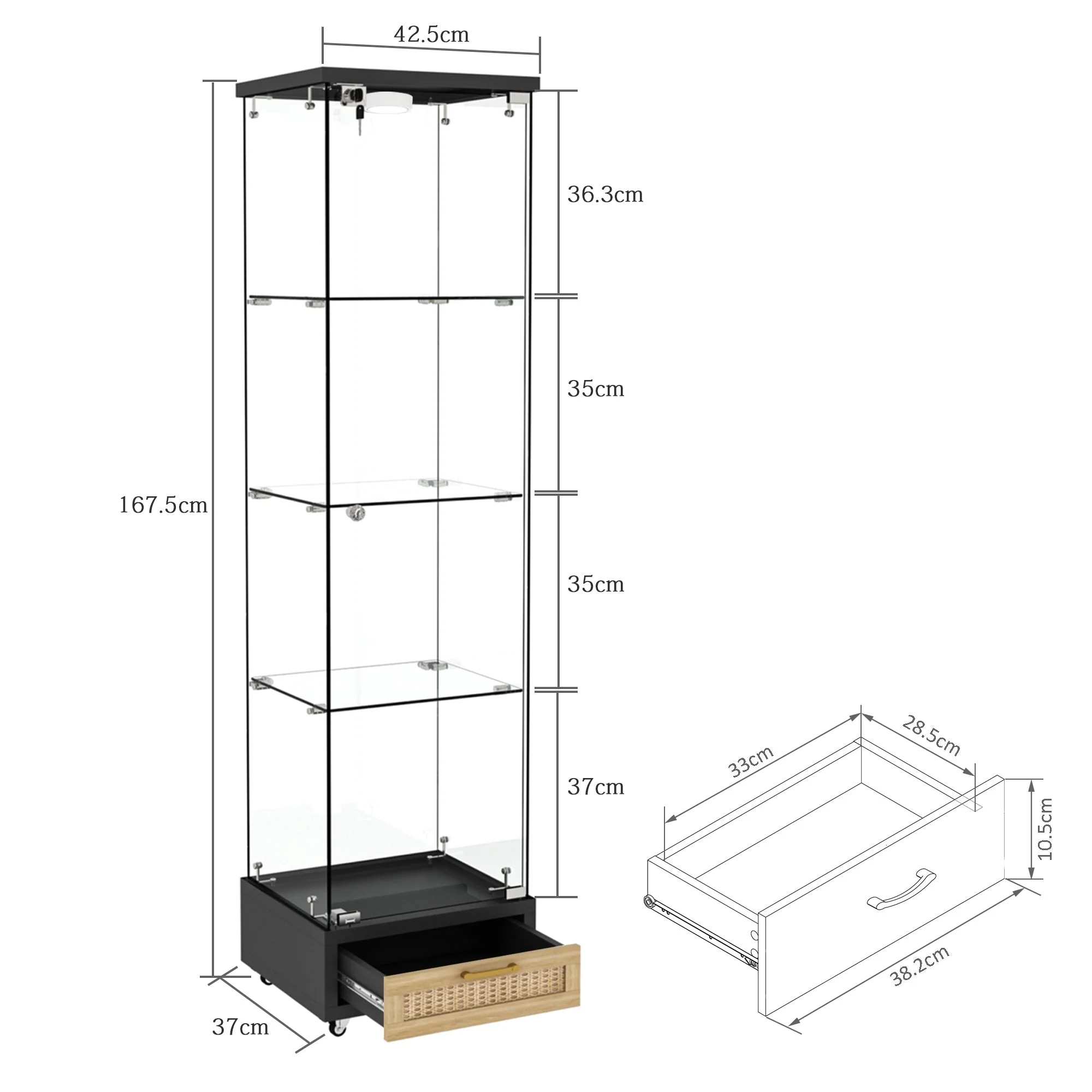 Glass Display Cabinet with LED Lighting, Drawers & Tempered Glass Shelves, H167cm Black - Image 4