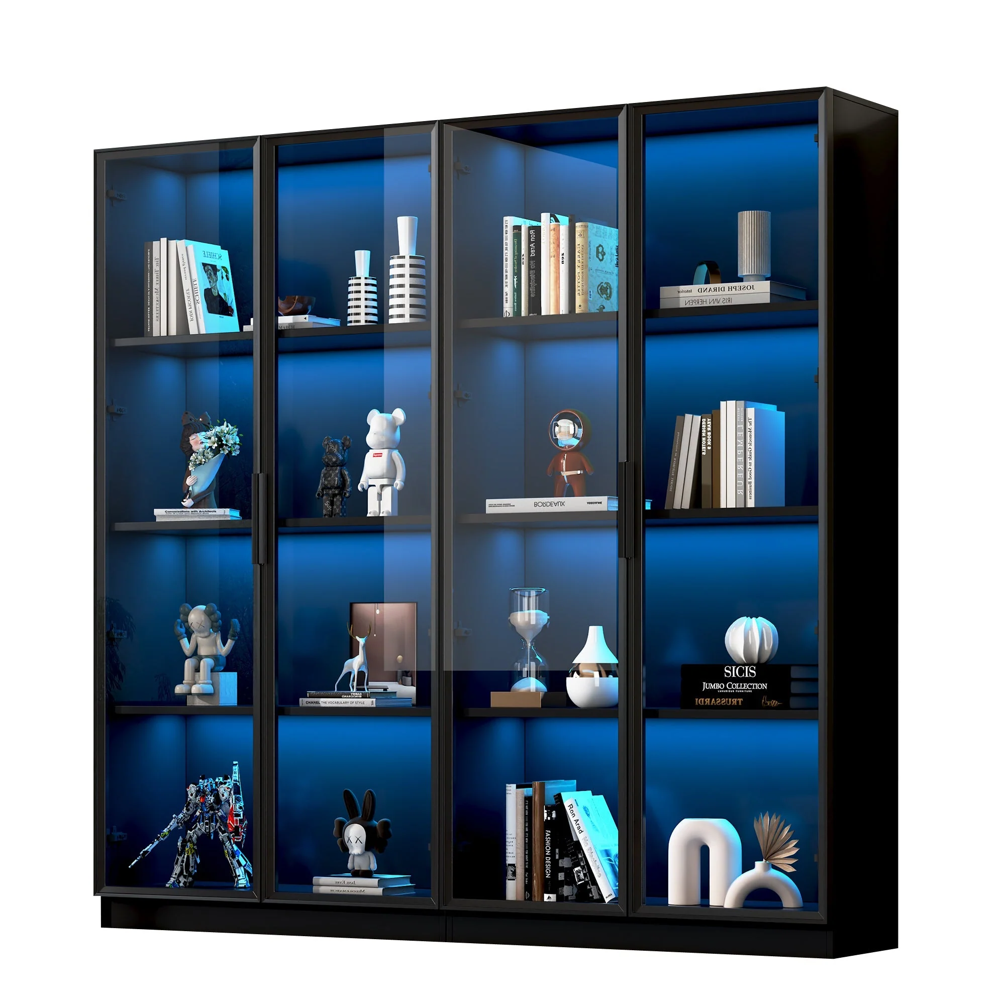 Glass Display Case, App-Controlled LED Lighting 4-Door Storage Cabinet, Freestanding - Image 4