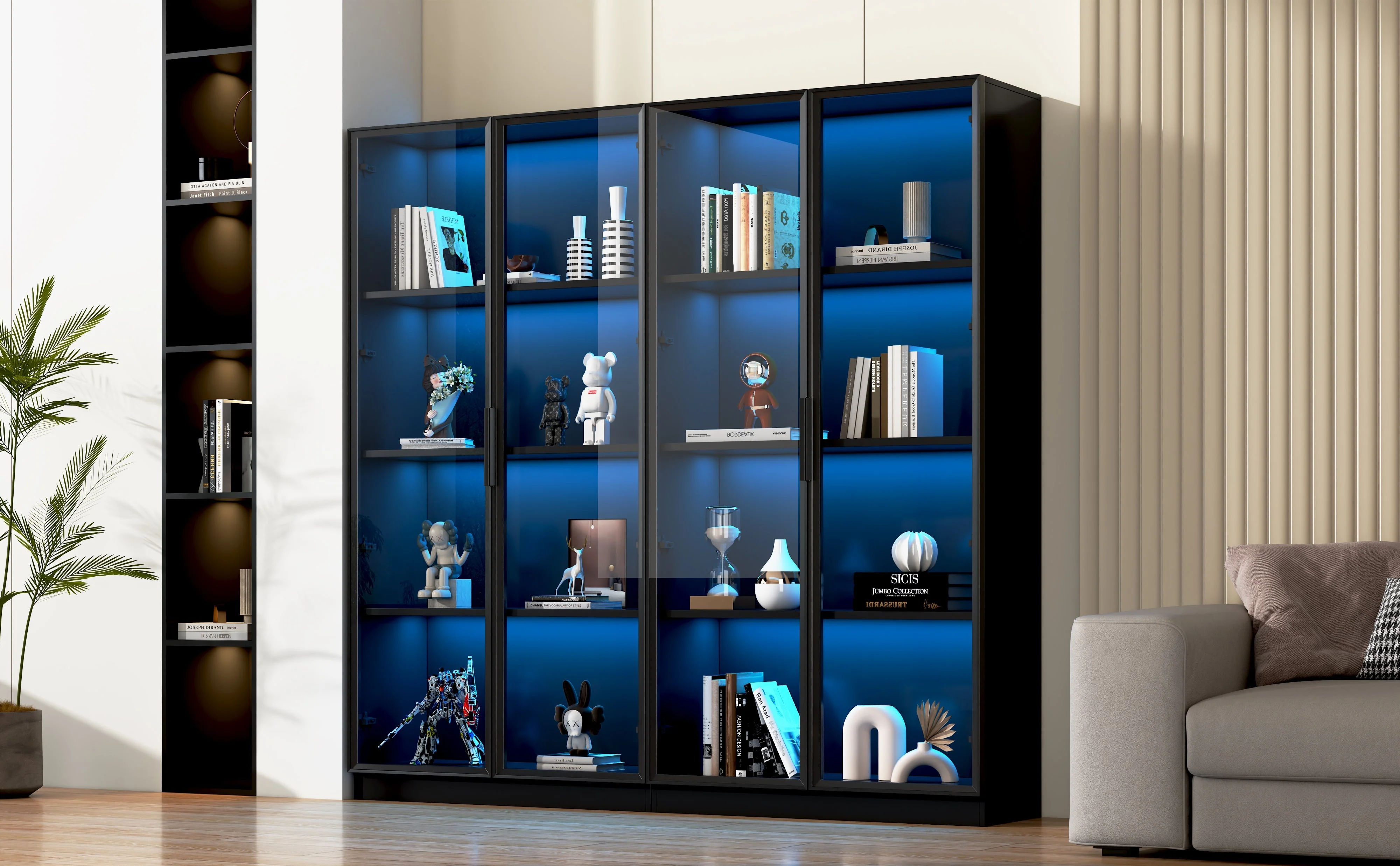 Glass Display Case, App-Controlled LED Lighting 4-Door Storage Cabinet, Freestanding - Image 5