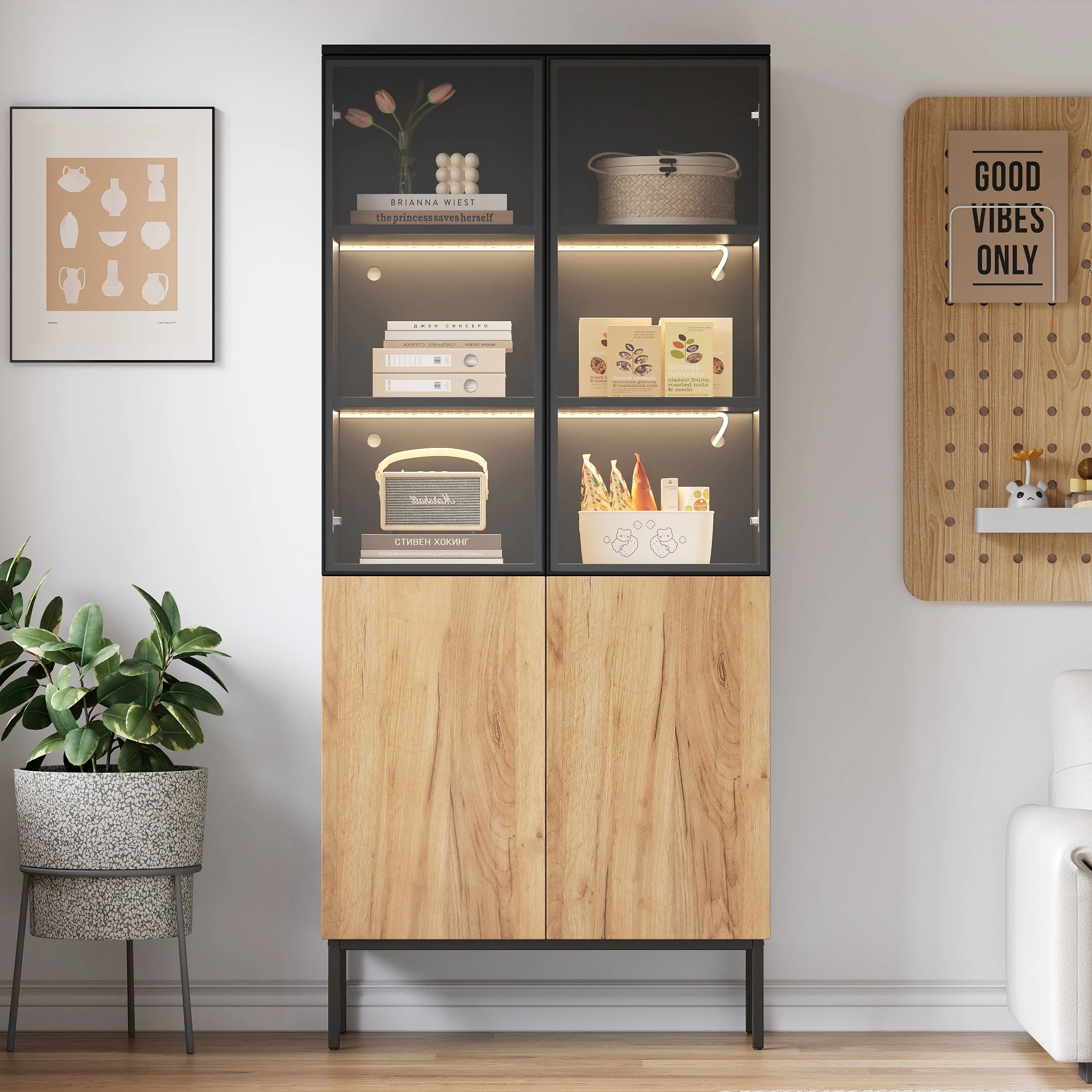 Glass-fronted Display Cabinet 180cm 5-Tier LED Bookcase Black/Oak - Image 3
