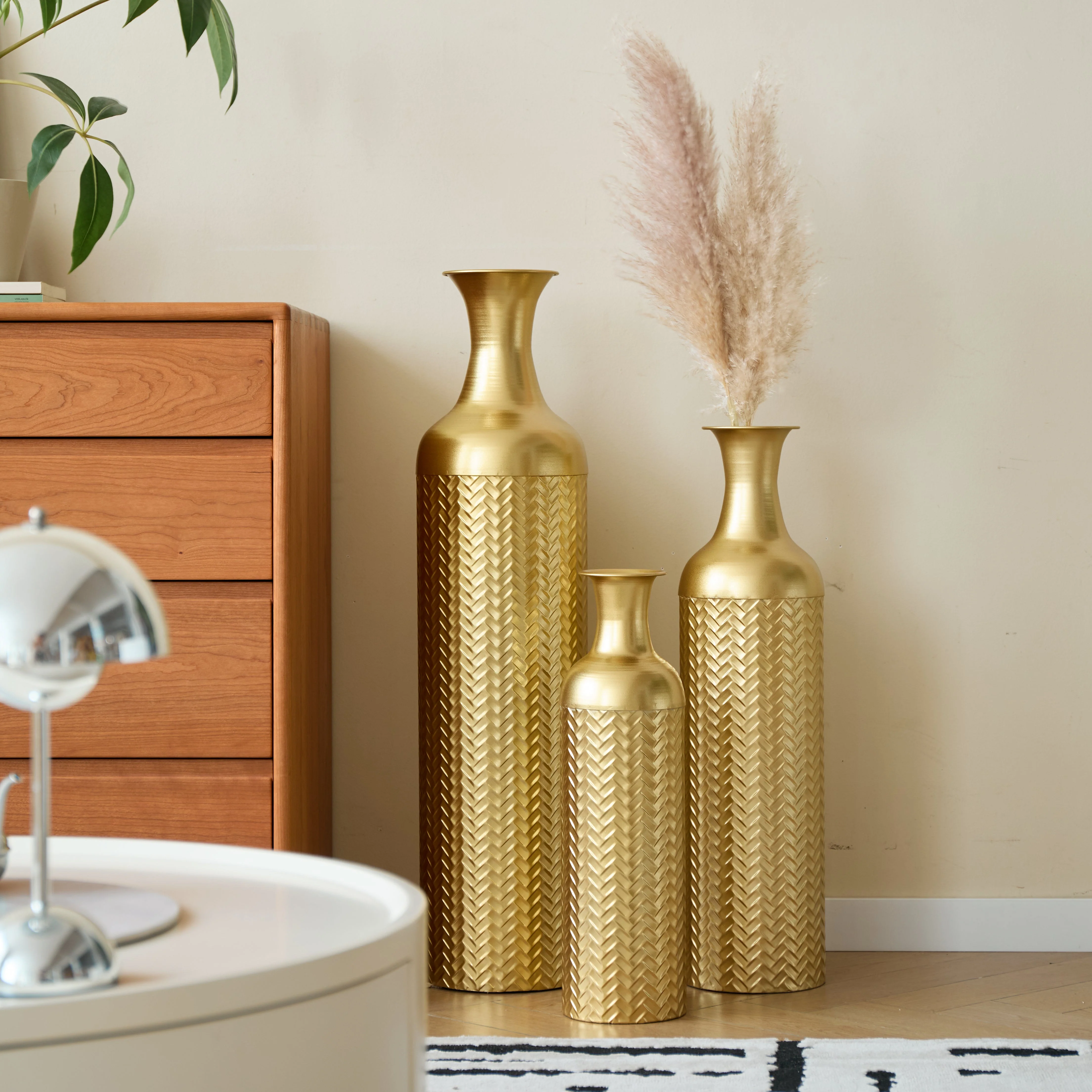 Golden Floor Vase Set, 3 Retro Decorative Vases 83/65/50cm High, Metal - Image 6