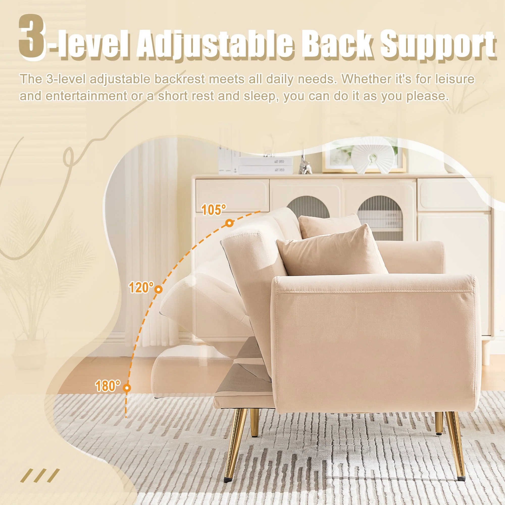 GOMYWAY 2-Seater Sofa 3-Speed Adjustable Backrest Gold Metal Legs Velvet - Image 2