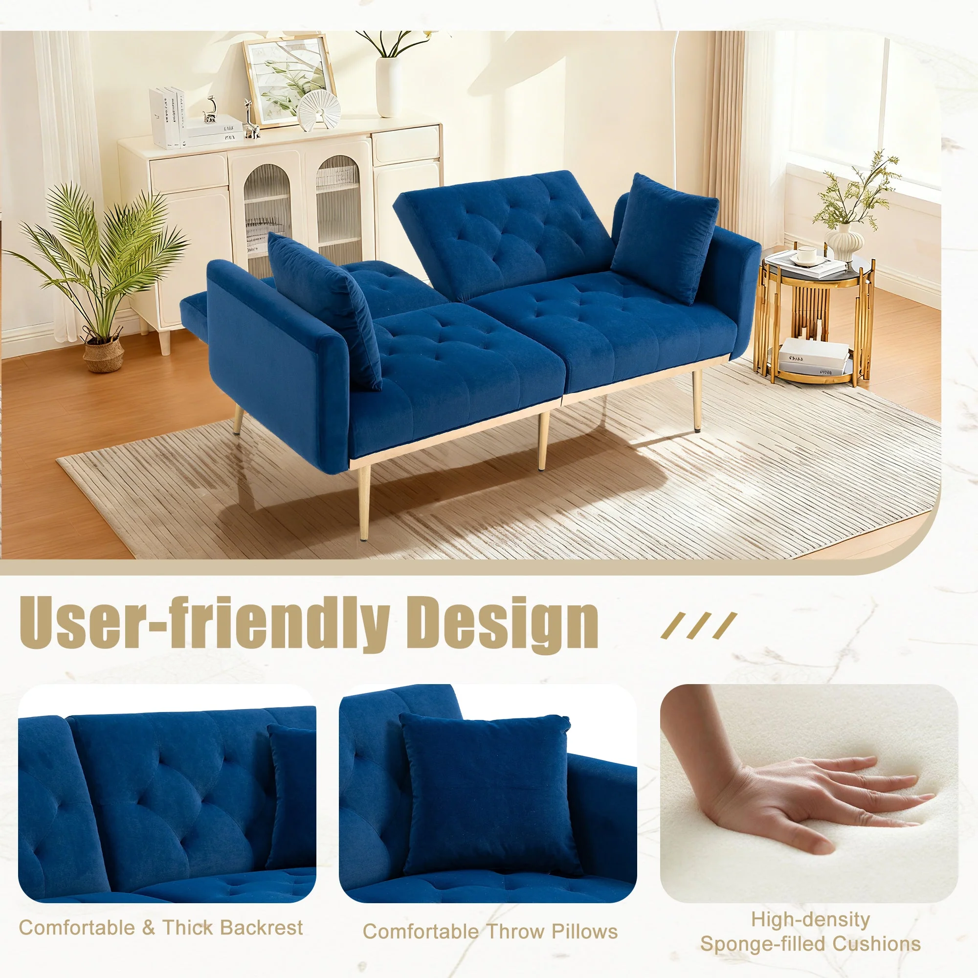 GOMYWAY 2-Seater Sofa Bed, 3-Speed Adjustable Backrest, Velvet Upholstery Navy - Image 4