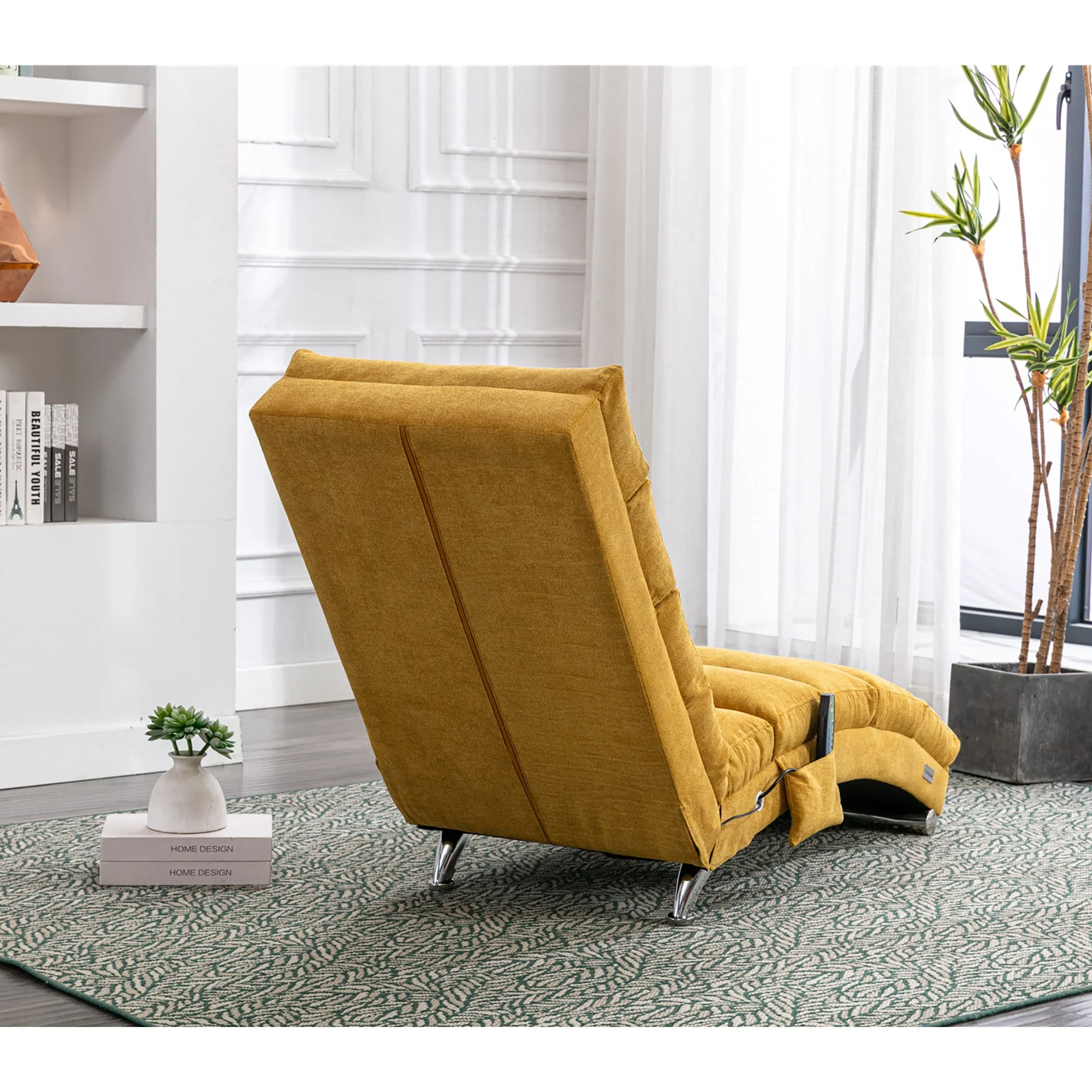 GOMYWAY Chaise Lounge Fixed Recliner Sofa with Vibration and Side Pocket, Linen - Image 12