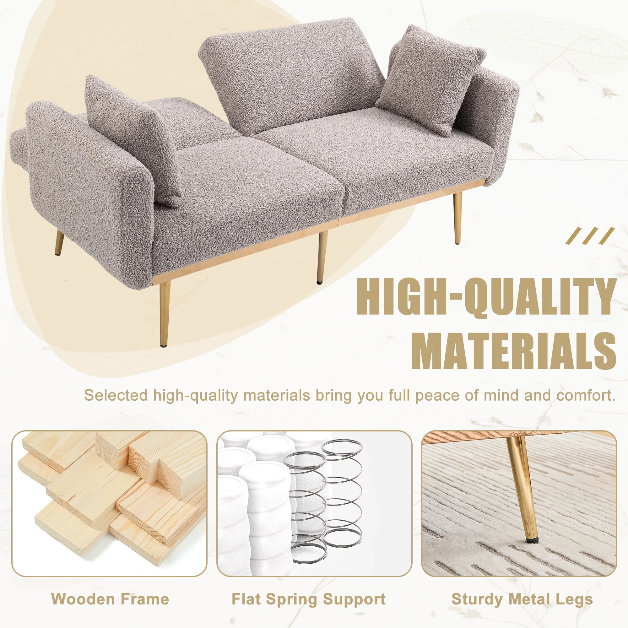 GOMYWAY Modern 2-Seater Sofa 3-Speed Adjustable Backrest Gold Metal Legs Grey Teddy - Image 3