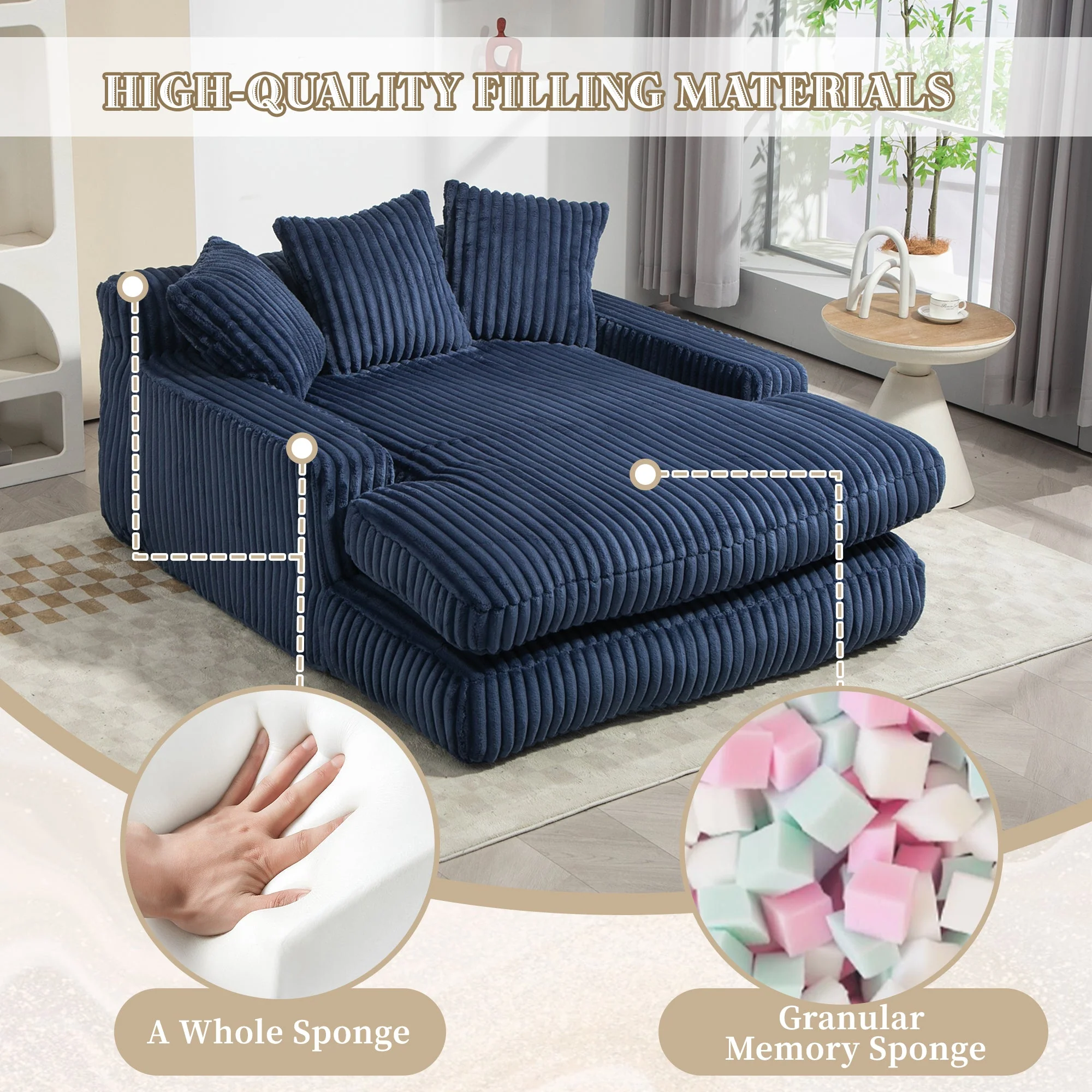 GOMYWAY Oversized Chaise Lounge Sofa Sleeper Chair with 3 Throw Pillows, Navy - Image 3