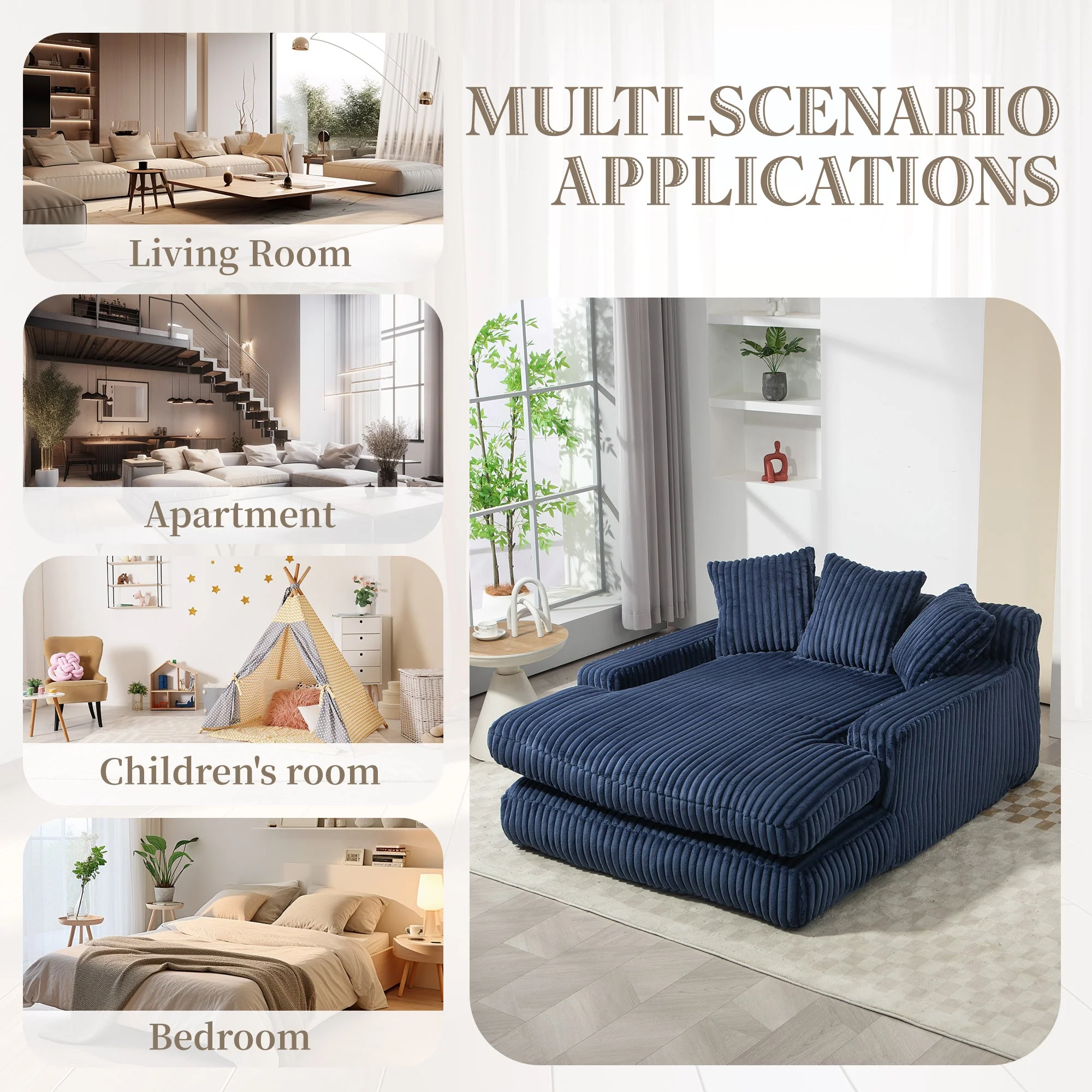 GOMYWAY Oversized Chaise Lounge Sofa Sleeper Chair with 3 Throw Pillows, Navy - Image 7