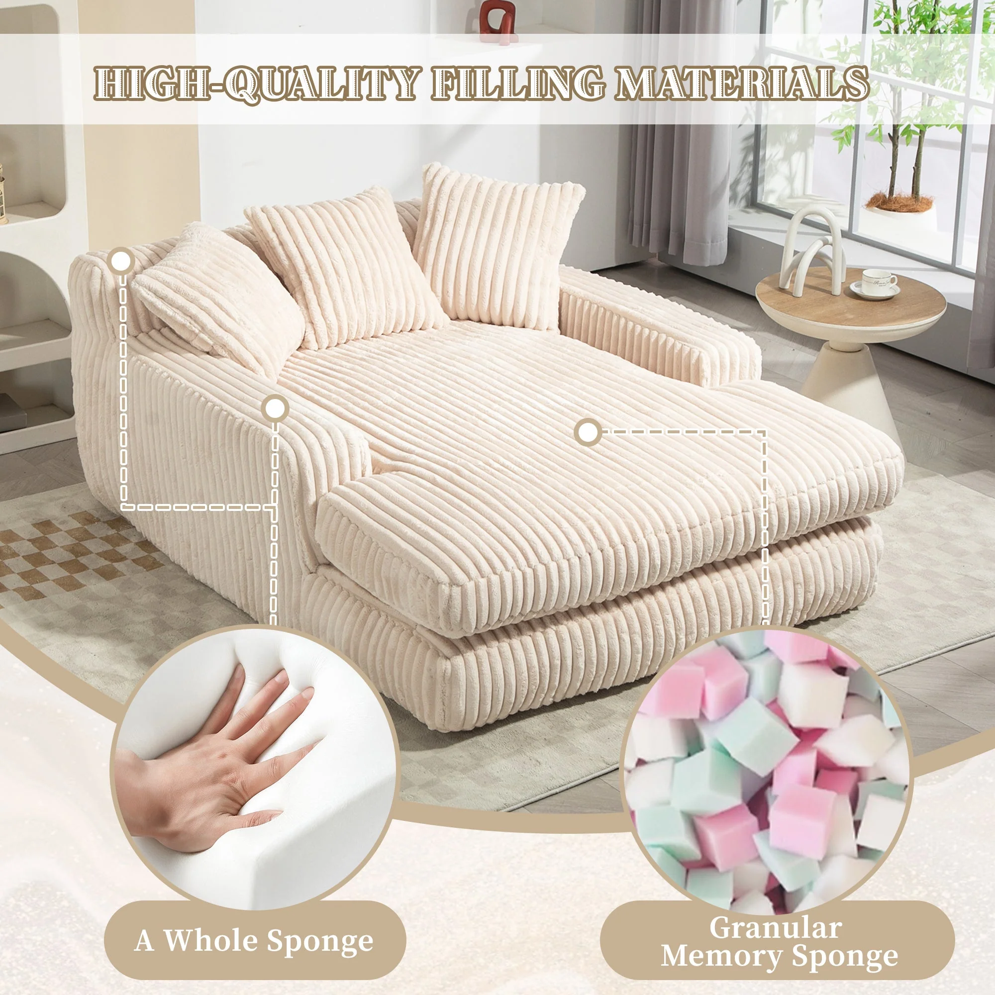 GOMYWAY Oversized Chaise Lounge Sofa Upholstered with 3 Throw Pillows, Beige - Image 3
