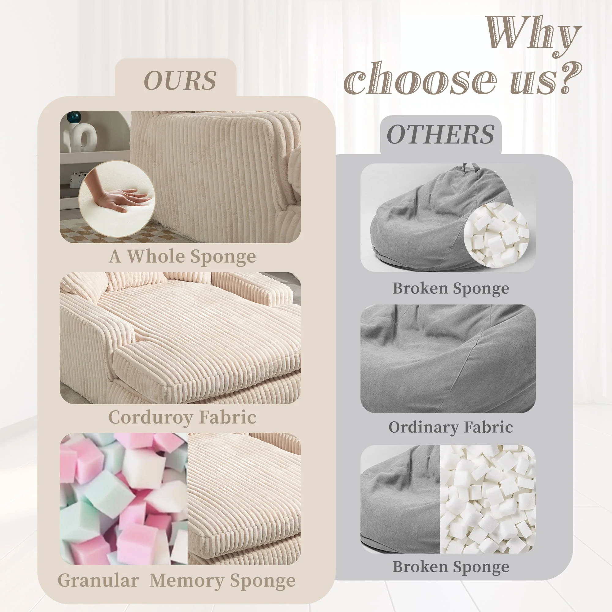 GOMYWAY Oversized Chaise Lounge Sofa Upholstered with 3 Throw Pillows, Beige - Image 4