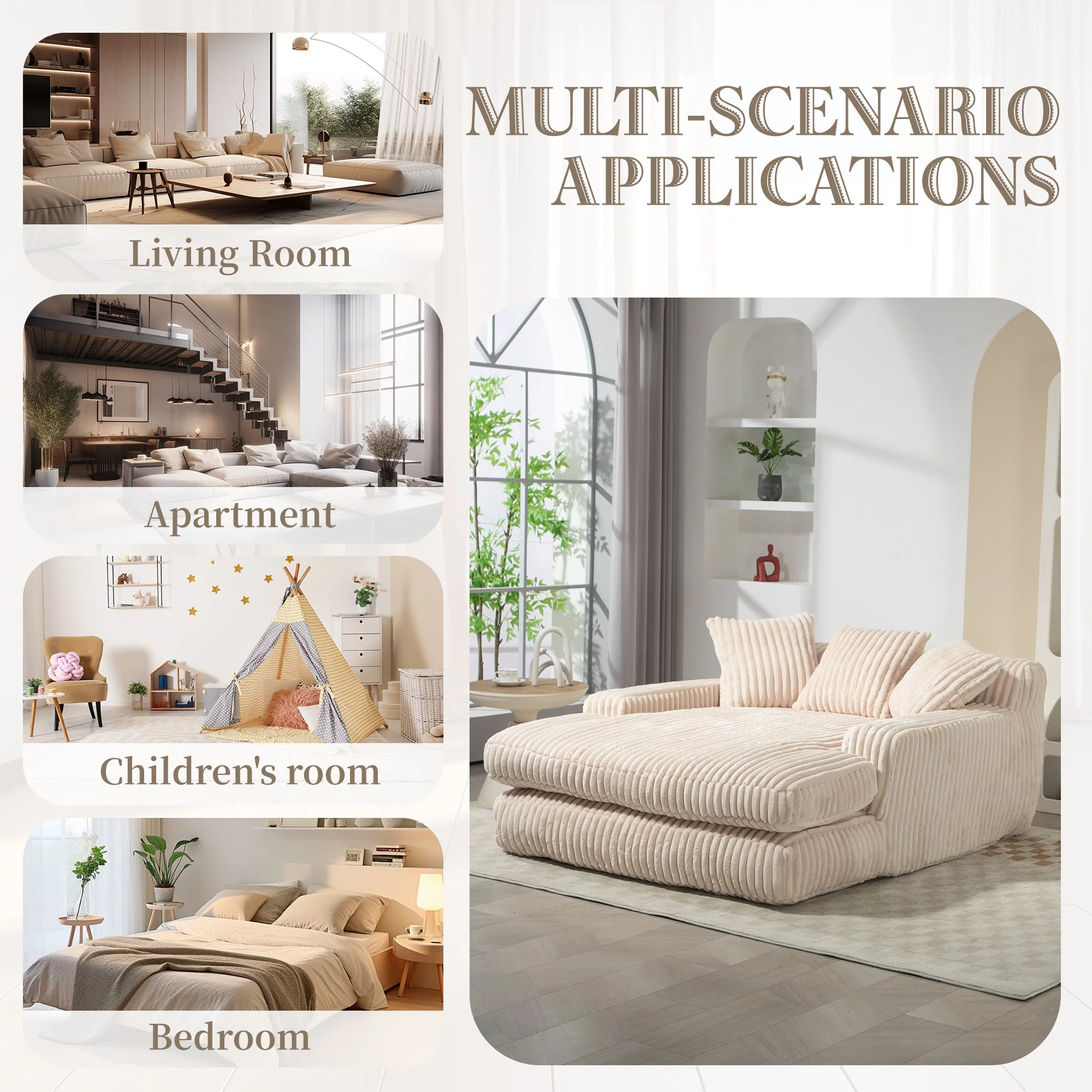 GOMYWAY Oversized Chaise Lounge Sofa Upholstered with 3 Throw Pillows, Beige - Image 7