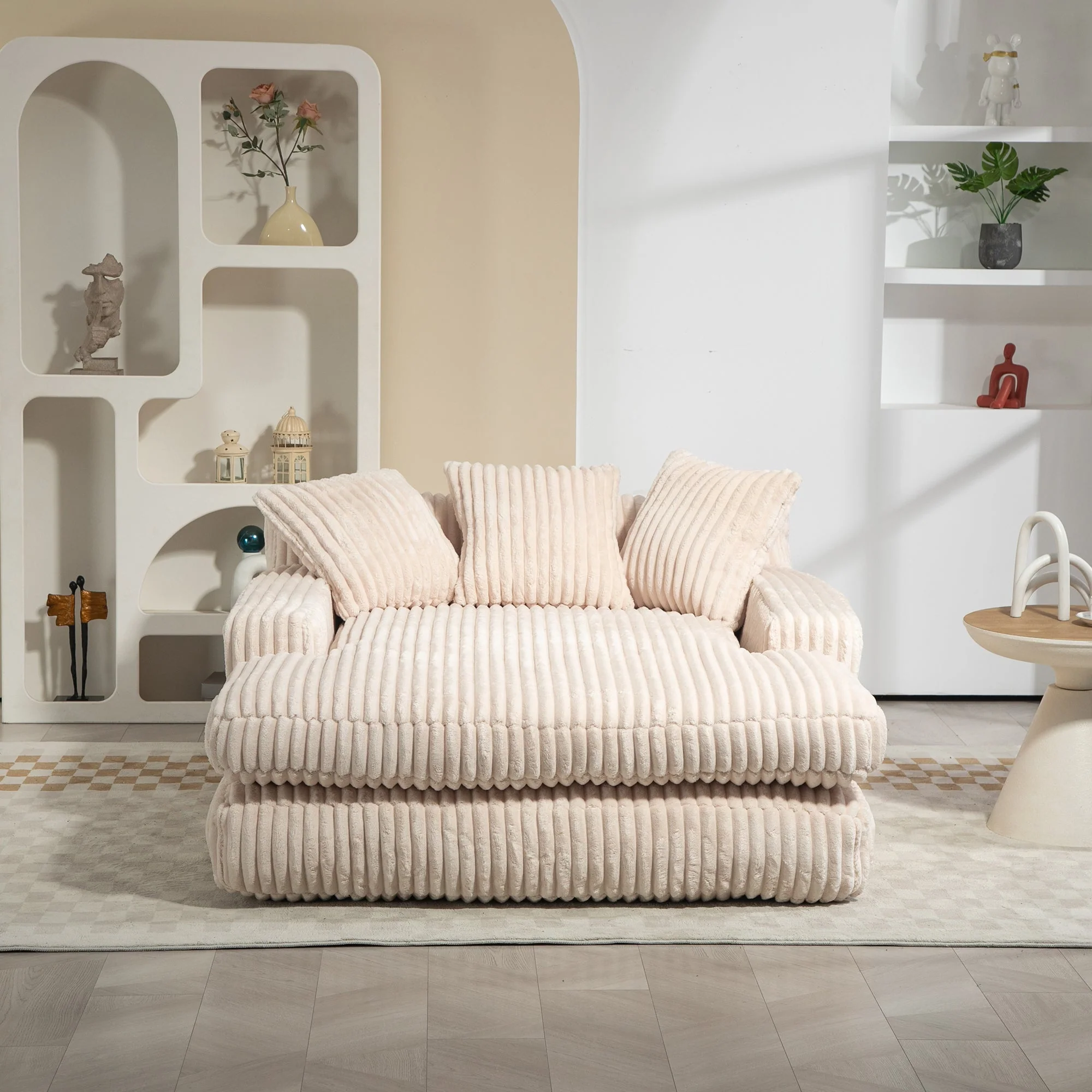 GOMYWAY Oversized Chaise Lounge Sofa Upholstered with 3 Throw Pillows, Beige - Image 9