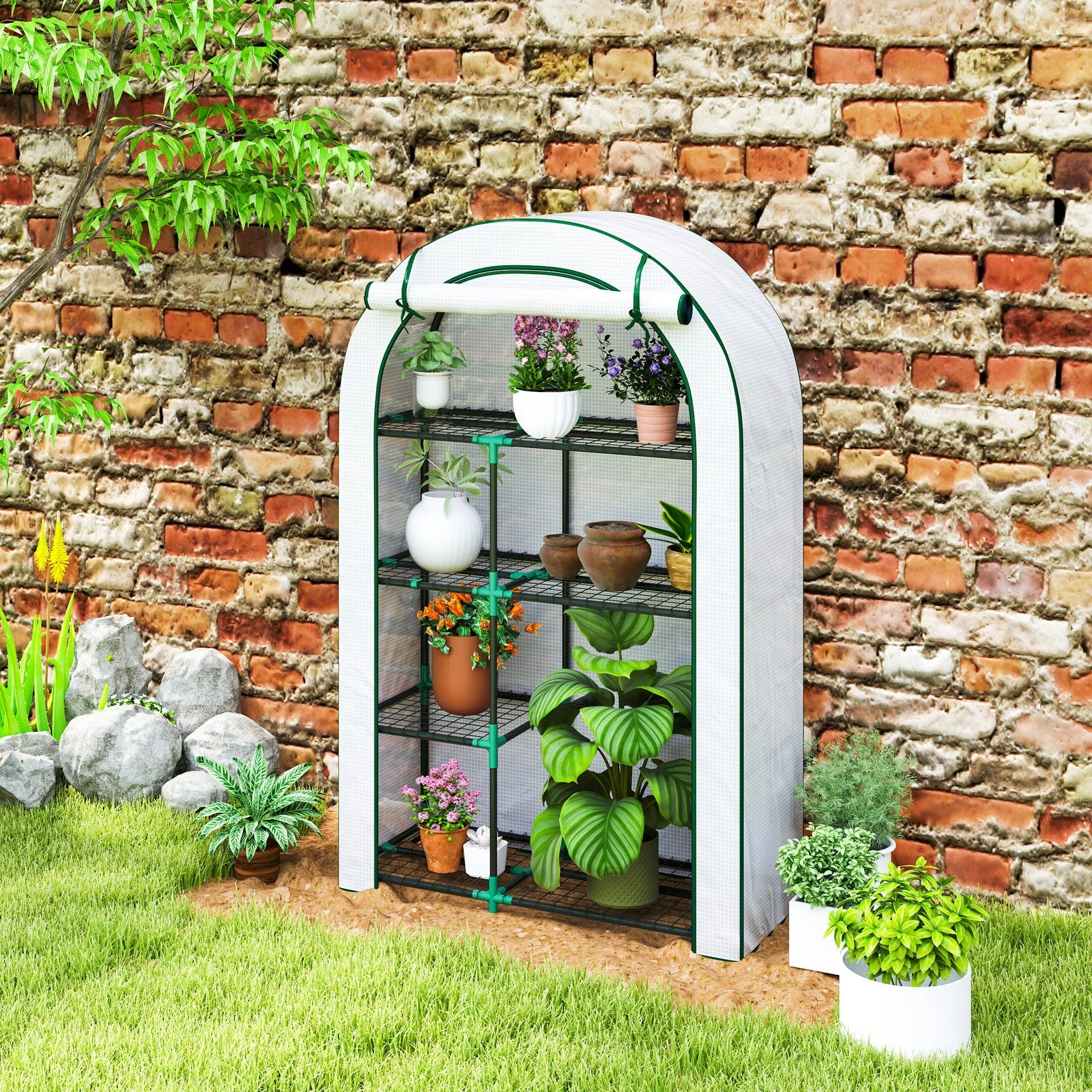 Greenhouse Round Roof, Door, Shelves, Steel, White - Image 7