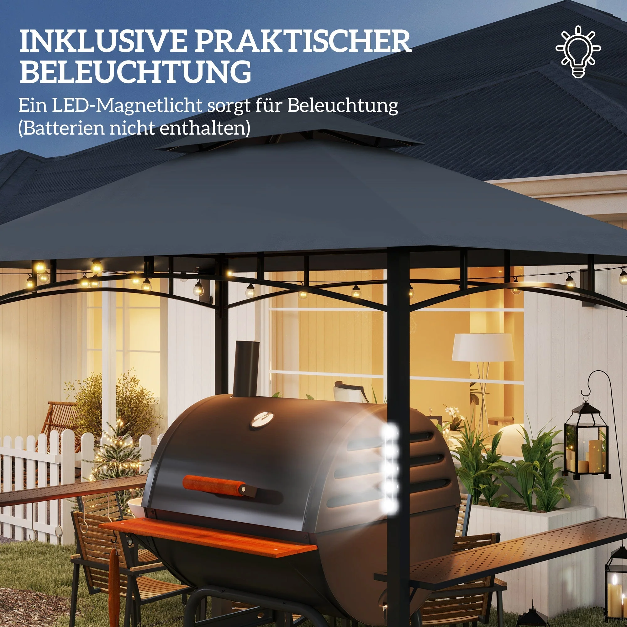 Grill Gazebo LED Lighting, Double Roof, Side Shelves, Waterproof Metal Grey - Image 6