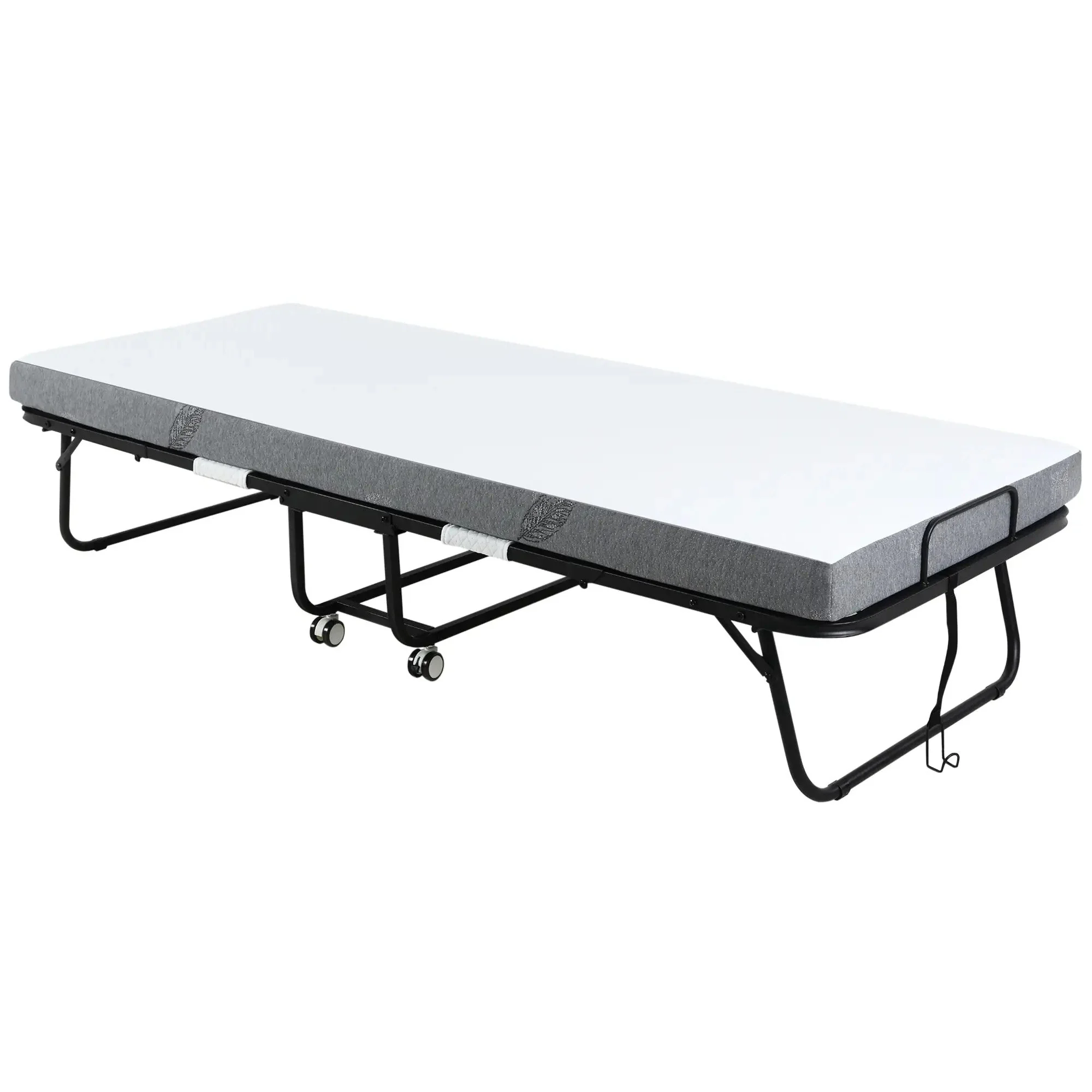 Guest Bed Folding Bed with Wheels, Steel and Foam, 200x75x42.5cm - White/Black - Image 2