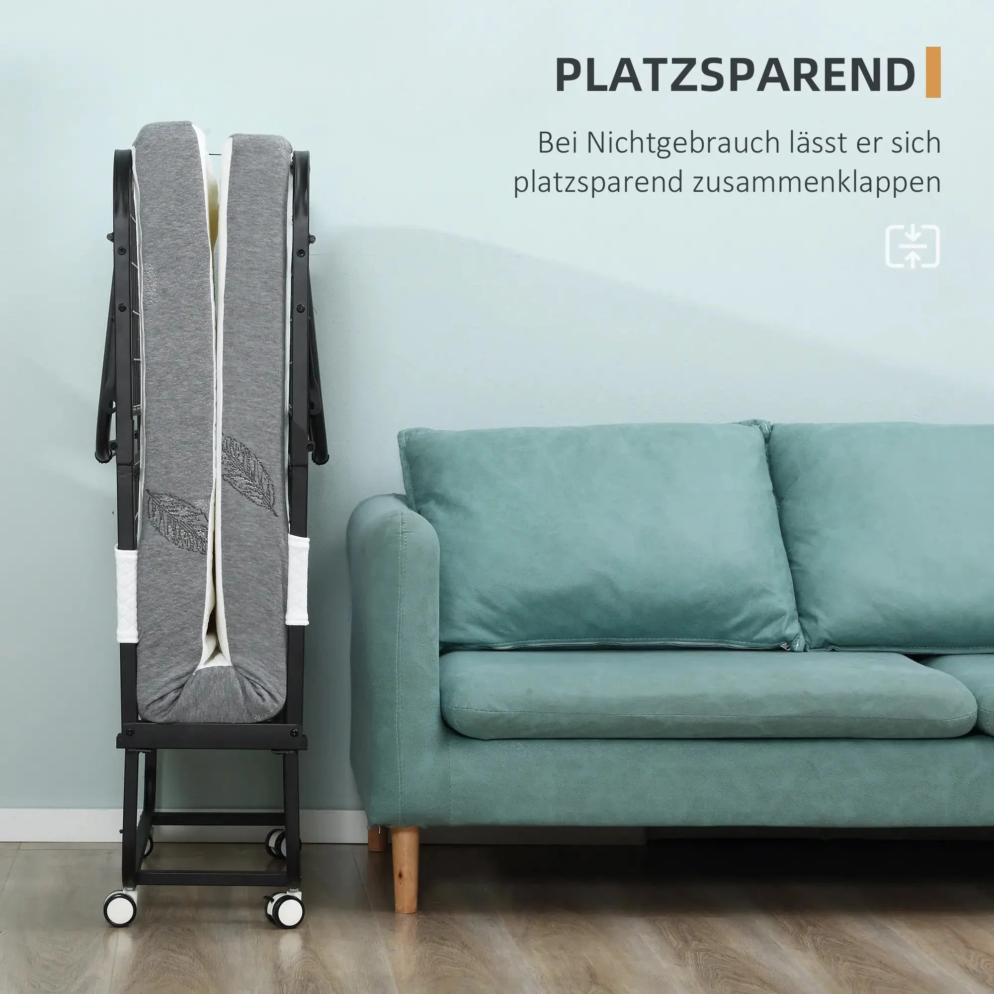 Guest Bed Folding Bed with Wheels, Steel and Foam, 200x75x42.5cm - White/Black - Image 5