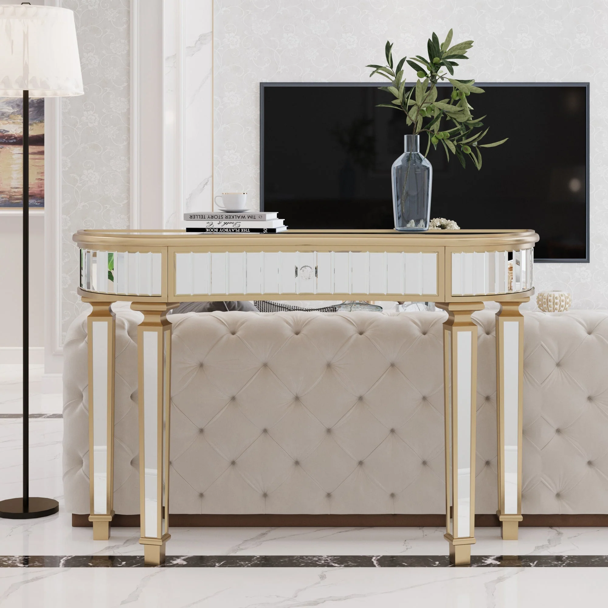 Half-Moon Console Table 120cm Mirrored Fluted Glass Drawer - Gold/Silver - Image 8
