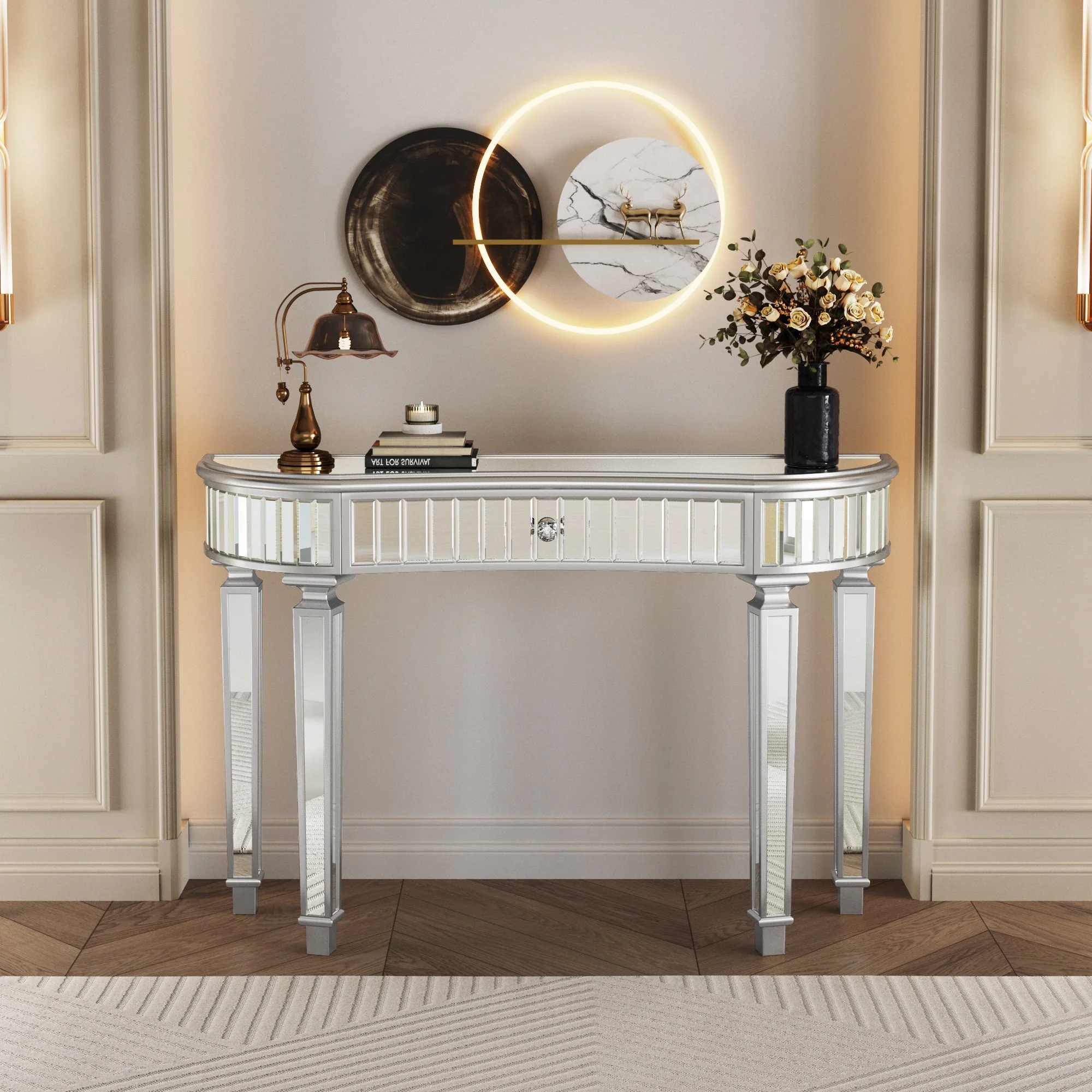 Half-Moon Mirrored Console Table with Fluted Glass and Crystal Knob Drawer, Grey and Silver - Image 5