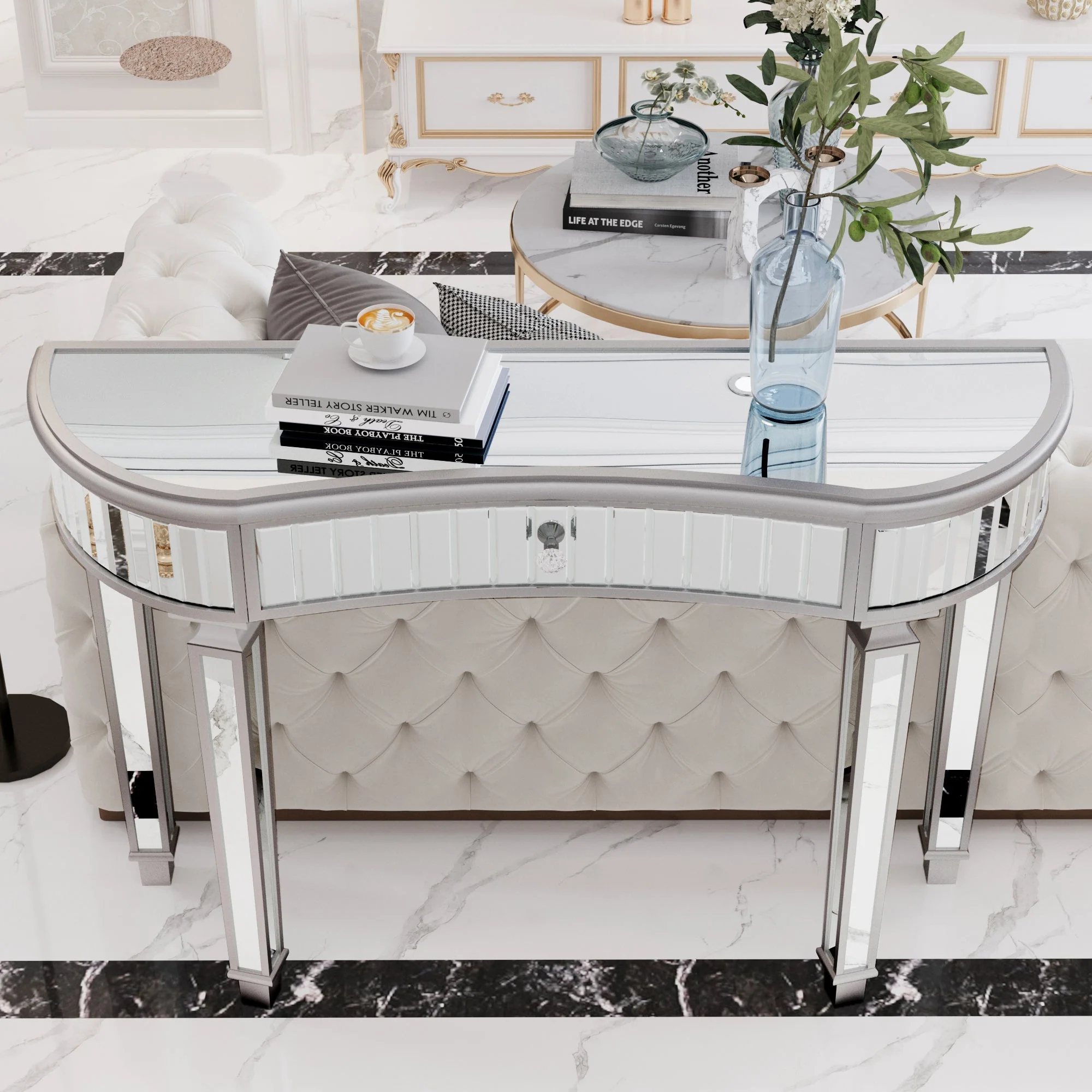 Half-Moon Mirrored Console Table with Fluted Glass and Crystal Knob Drawer, Grey and Silver - Image 9