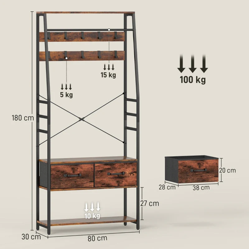 Hall Tree with Bench, Shoe Rack & 2 Drawers - Brown - Image 3