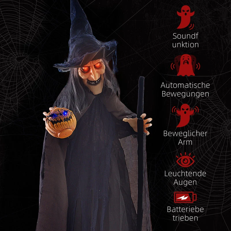 Halloween Witch Decoration, Broom, Glowing Eyes, Spooky Sounds, Flexible Arms - Image 7
