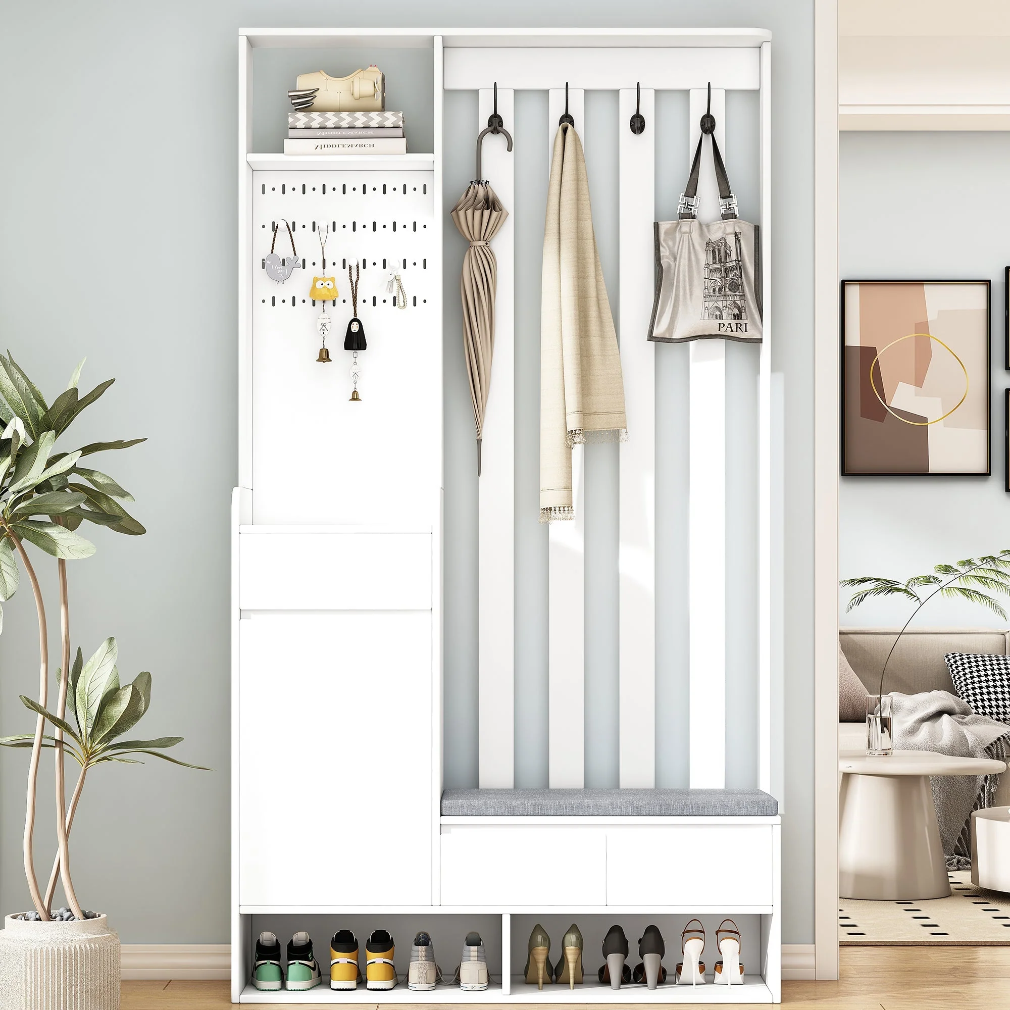 Hallway coat rack with padded storage bench and pegboard, with 4 hooks, white - Image 2