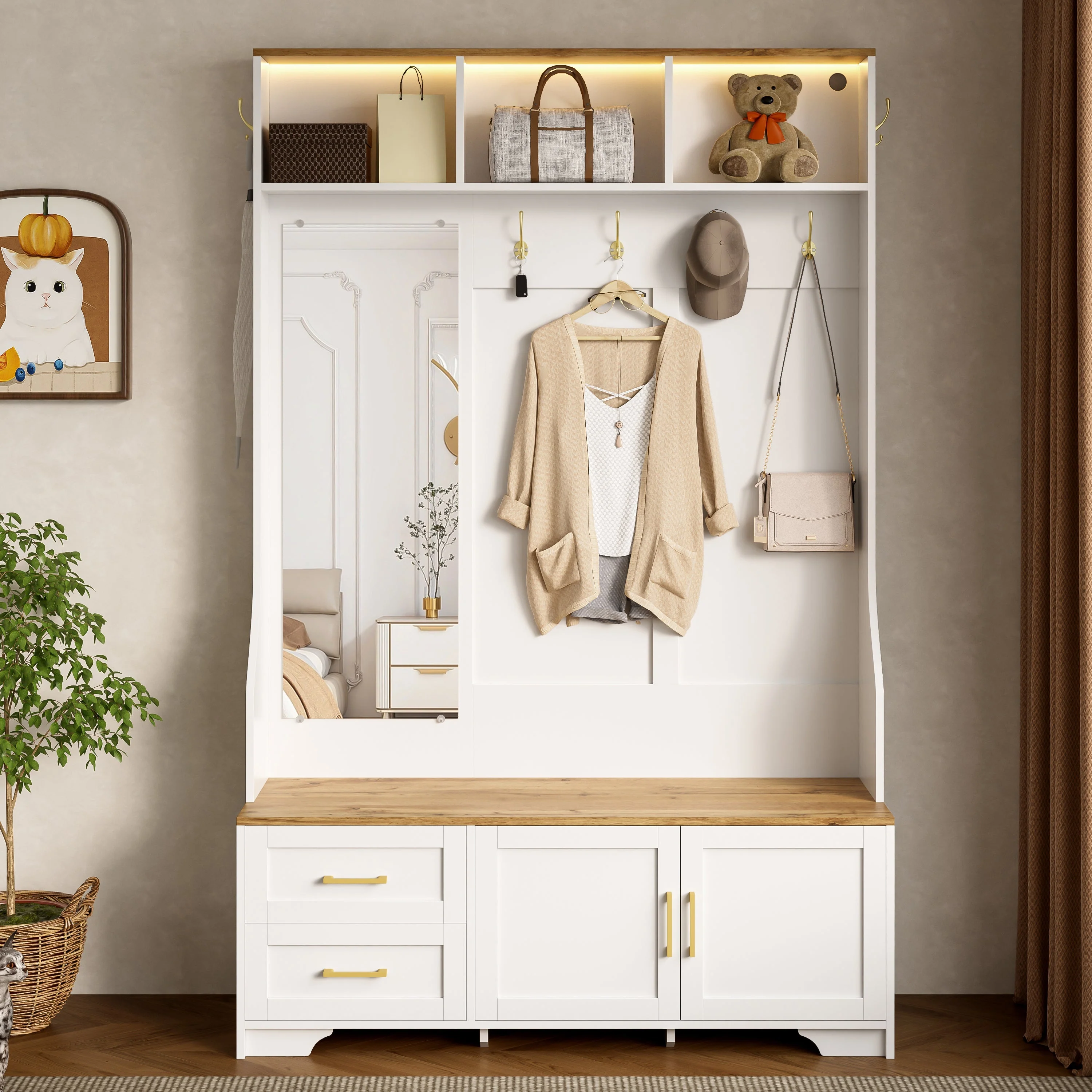 Hallway & Shoe Cabinet, LED, Mirror, Hooks, Drawers, Wood White - Image 2