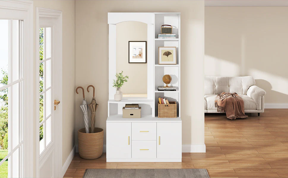 Hallway Unit 90x40x180cm Mirror Shoe Rack Drawers Storage - White - Image 10