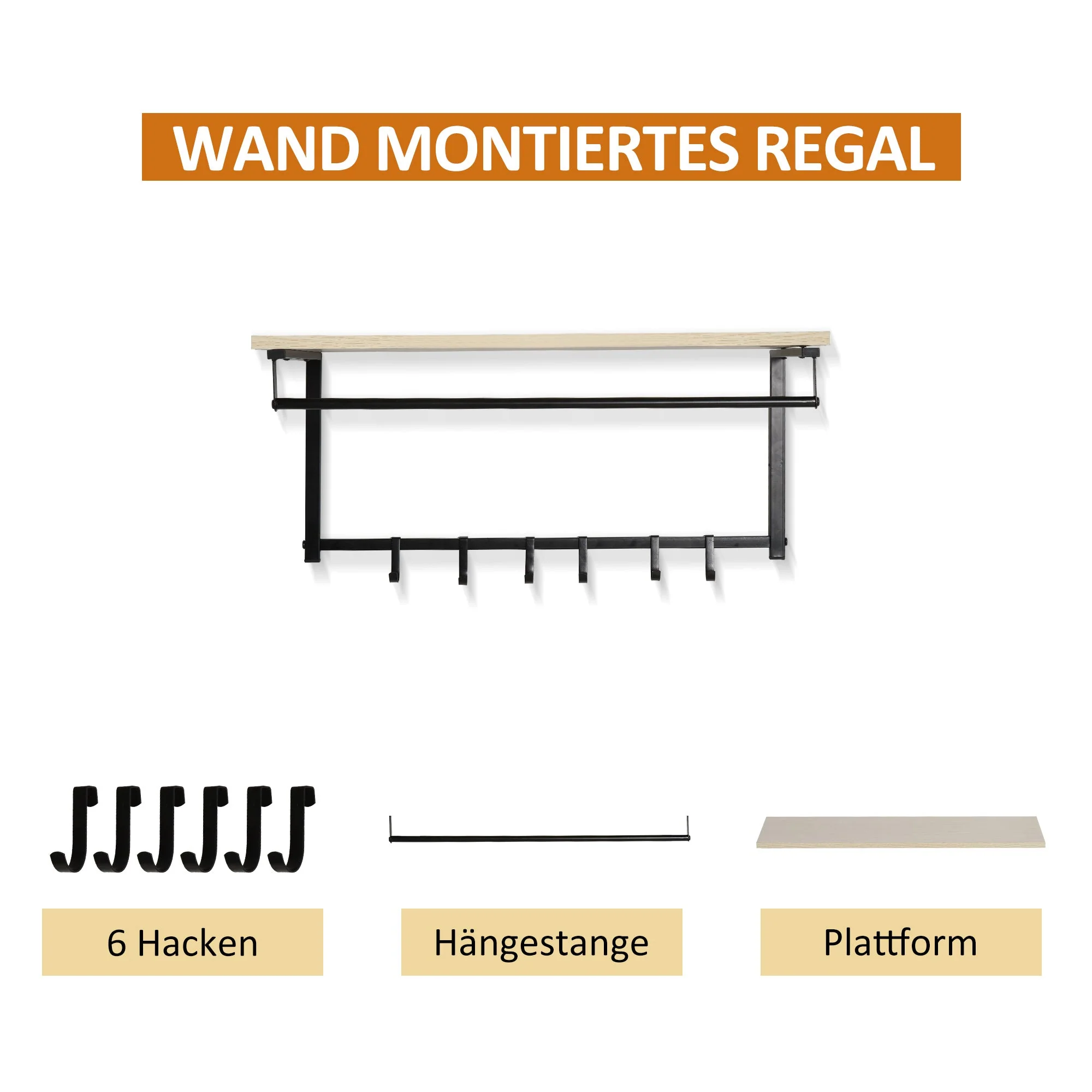 Hallway Wardrobe Set, 2-in-1, Bench & Coat Rack, 6 Hooks, Natural + Black - Image 6