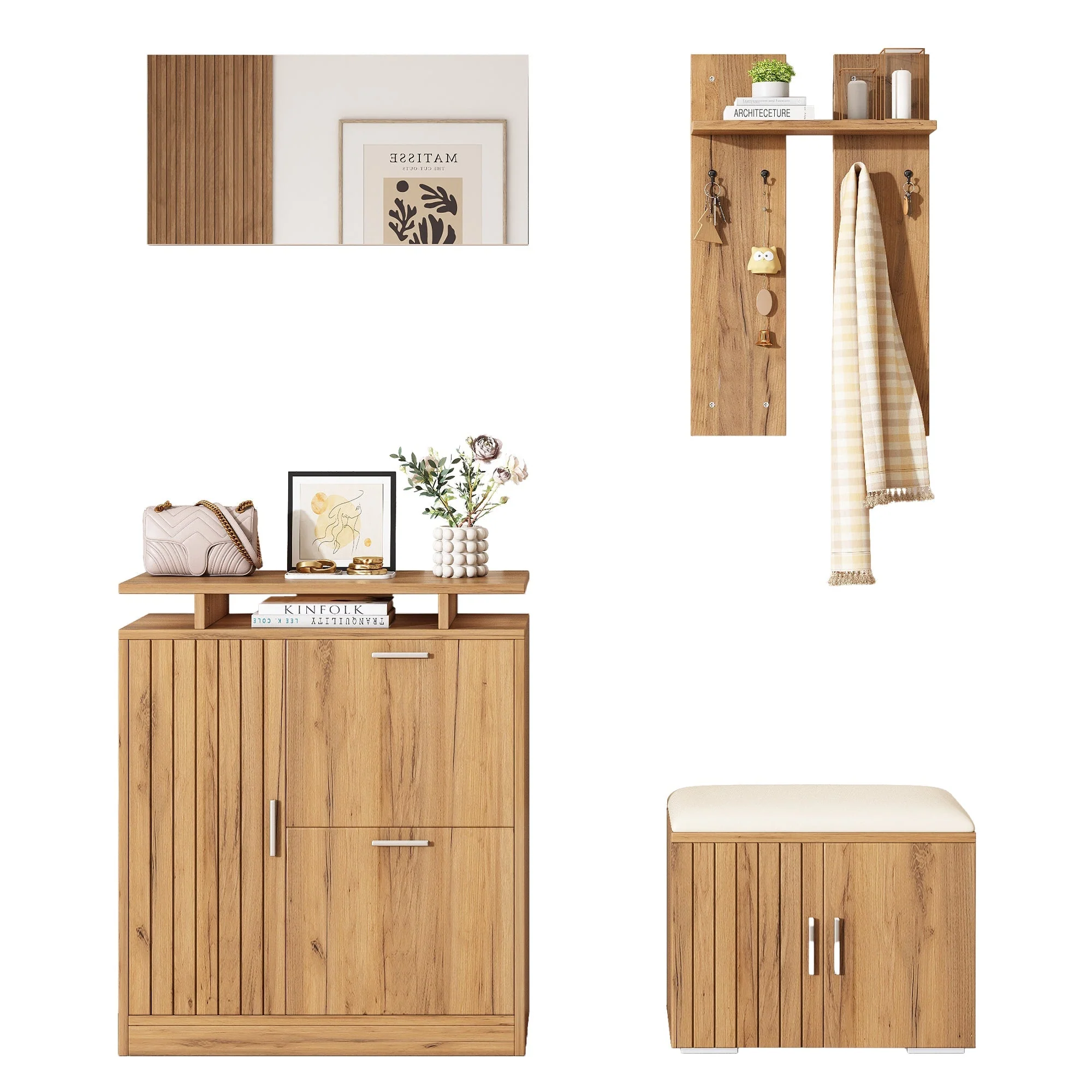 Hallway Wardrobe Set, Shoe Bench and Cabinet with Mirror, 4 Hooks, 5 Doors, Natural - Image 8