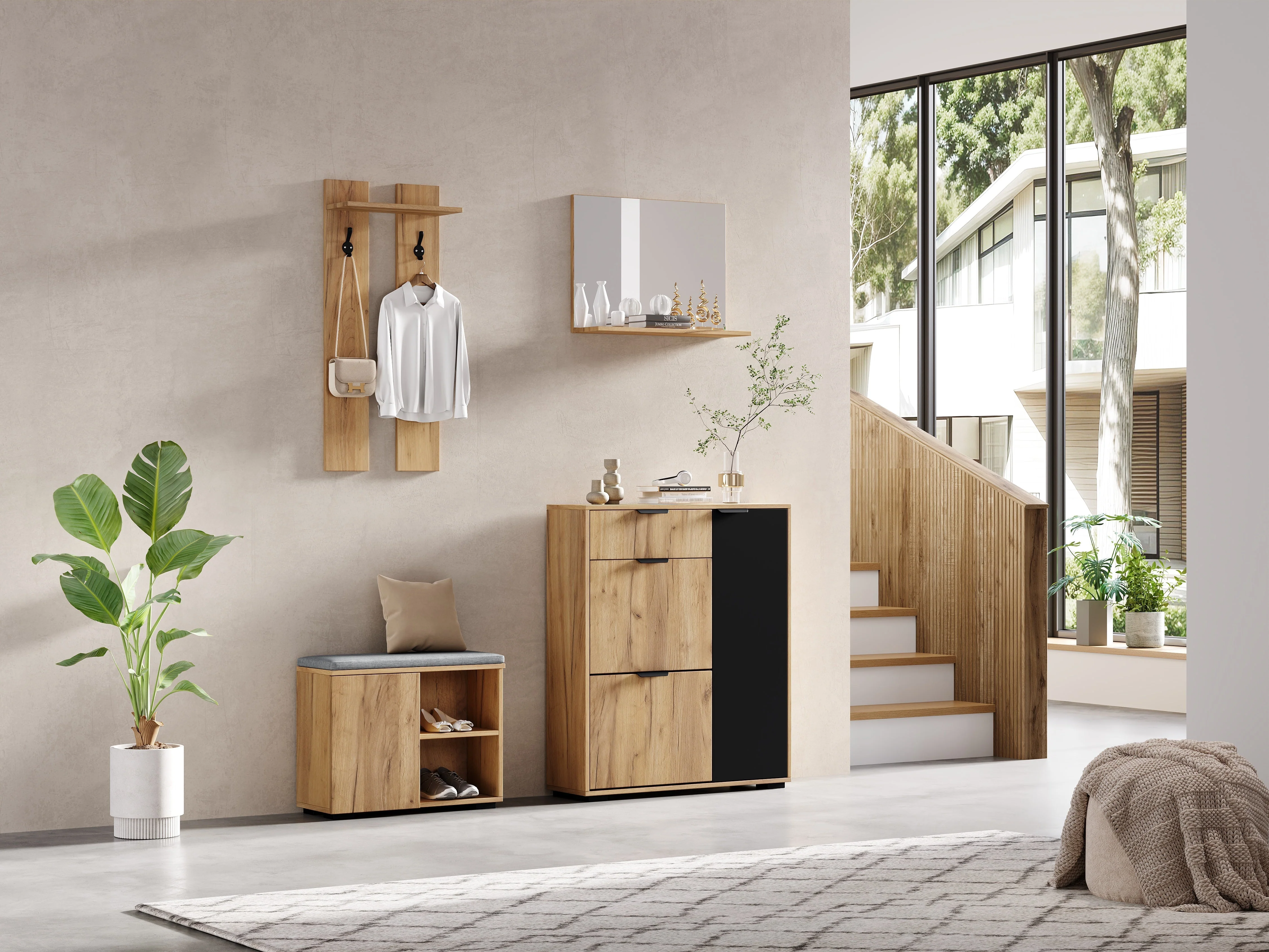 Hallway Wardrobe Set Wall-Mounted with Shoe Bench Shoe Cabinet Mirror Natural and Black - Image 9