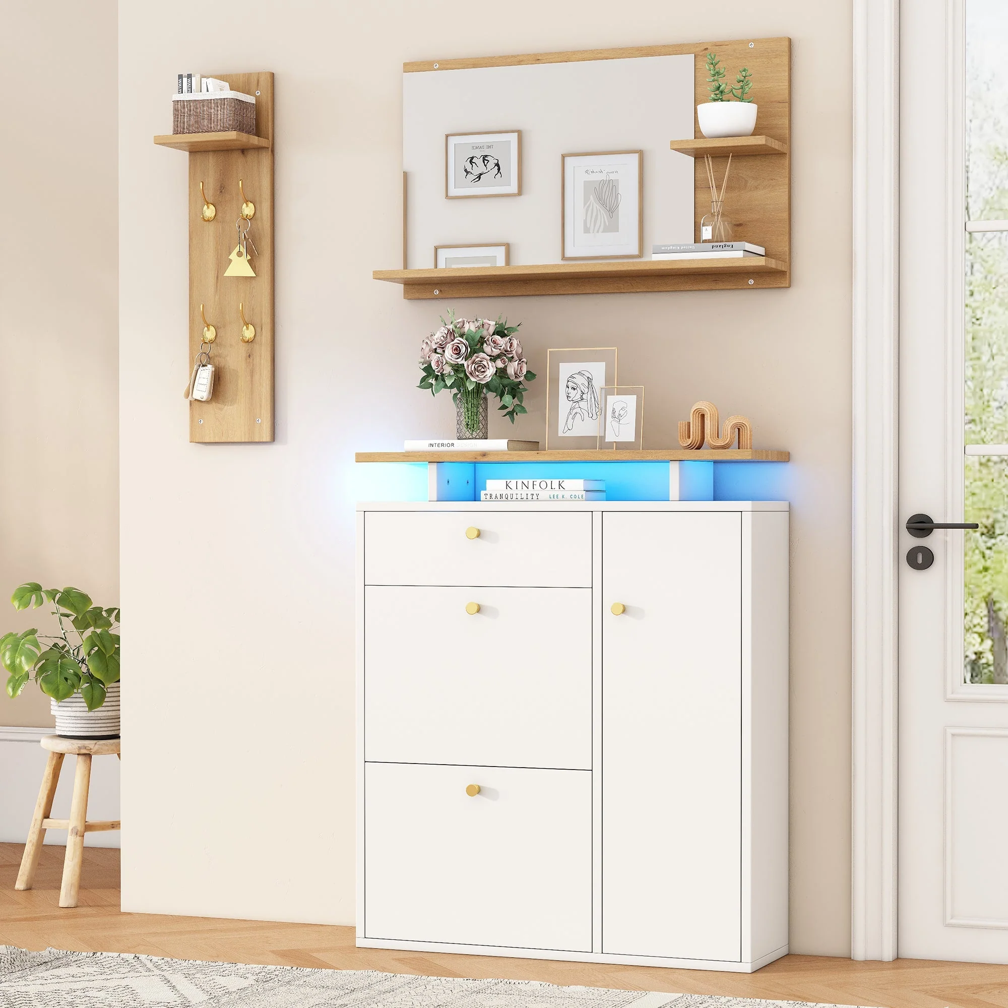 Hallway Wardrobe Set with LED Mirror, Hat Shelf and Shoe Cabinet, Natural and White - Image 5