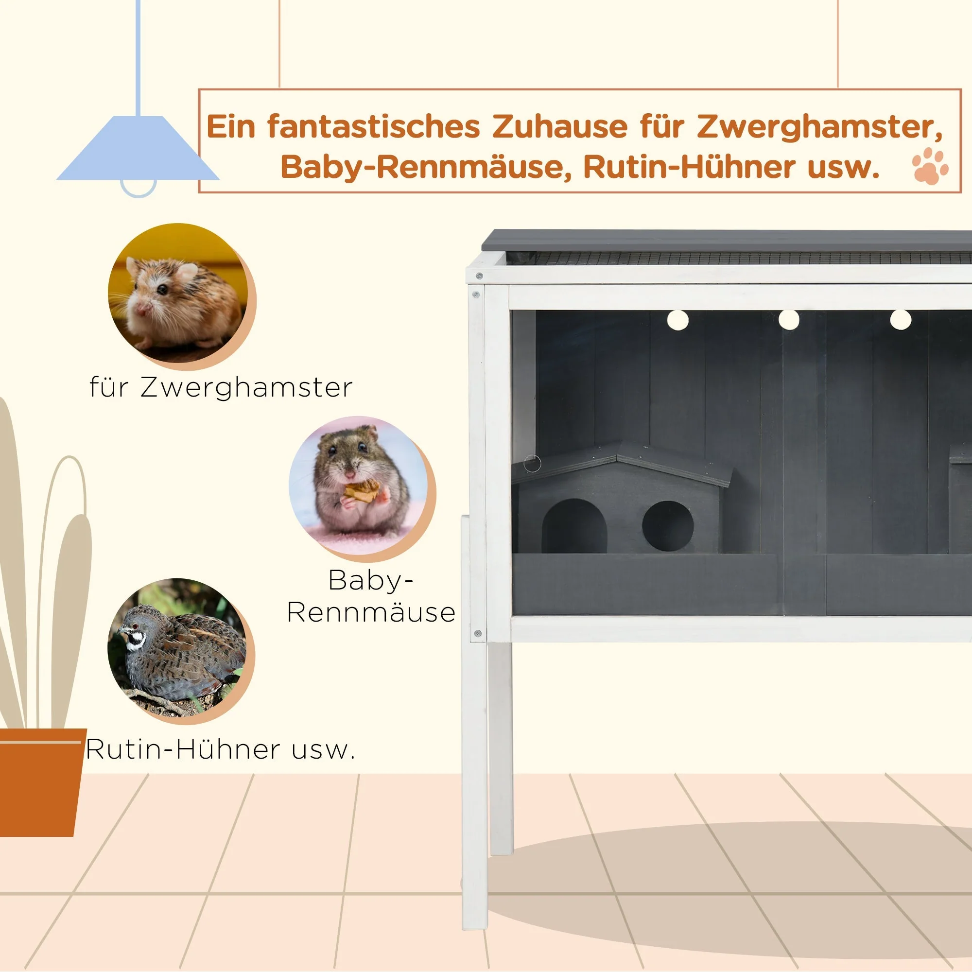 Hamster Cage, 2 Huts, 82 x 45 x 81 cm, Grey Wood - Image 4