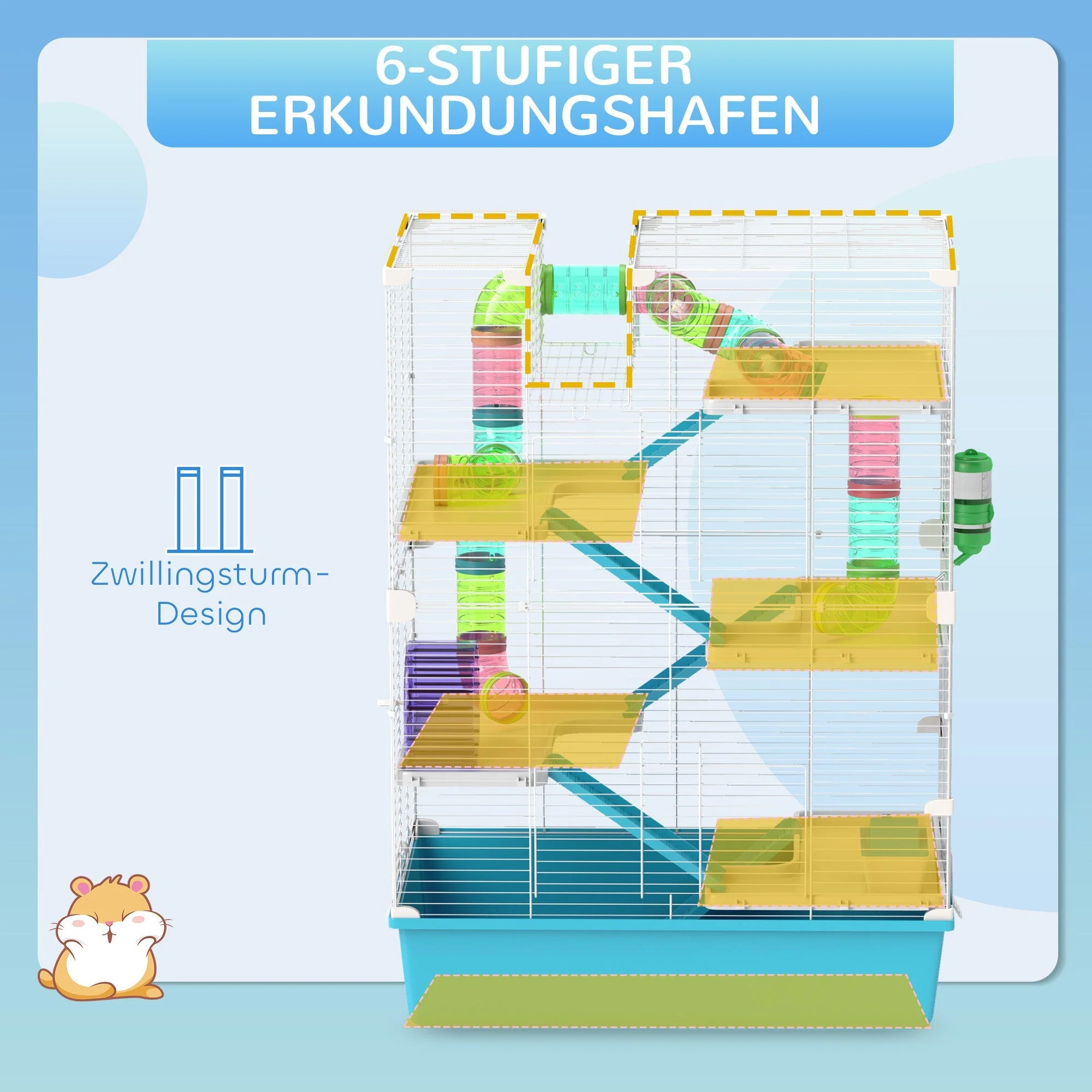 Hamster Cage, 6-Story with Tubes Tunnels Wheel Ramps, Light Blue - Image 5