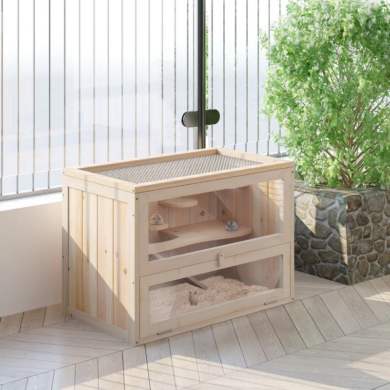 Hamster Cage Rodent Small Animals Play House, Natural Wood Finish