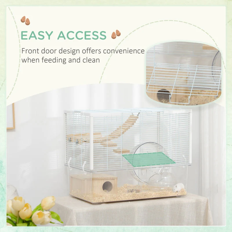Hamster/Gerbil Cage with Wooden Ramp, Exercise Wheel, Food Bowl - White - Image 6